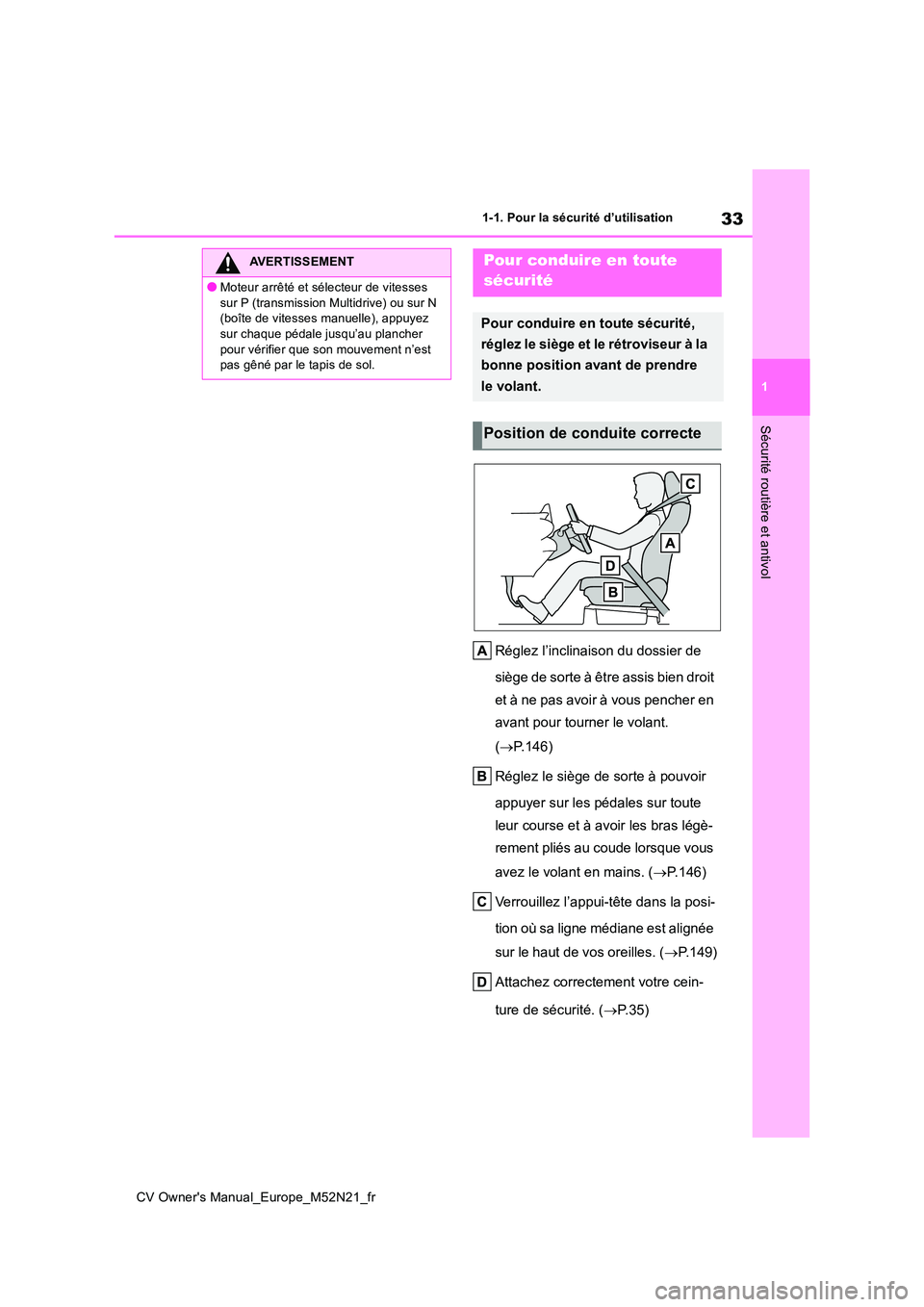 TOYOTA YARIS CROSS 2022  Manuel du propriétaire (in French) 33
1
CV Owner's Manual_Europe_M52N21_fr
1-1. Pour la sécurité d’utilisation
Sécurité routière et antivol
Réglez l’inclinaison du dossier de  
siège de sorte à être assis bien droit  
