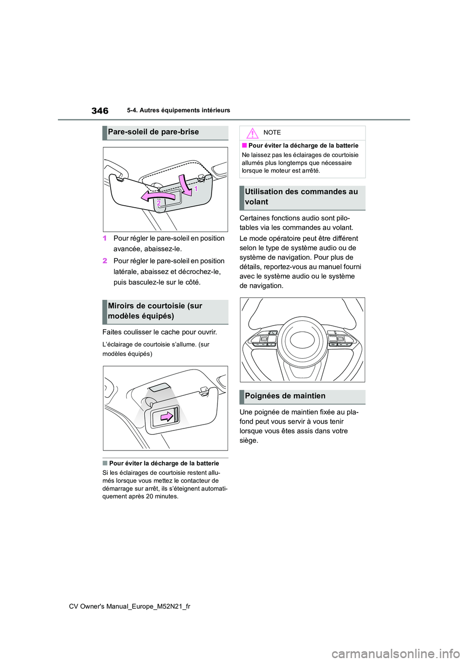 TOYOTA YARIS CROSS 2022  Manuel du propriétaire (in French) 346
CV Owner's Manual_Europe_M52N21_fr
5-4. Autres équipements intérieurs
1Pour régler le pare-soleil en position  
avancée, abaissez-le. 
2 Pour régler le pare-soleil en position  
latérale
