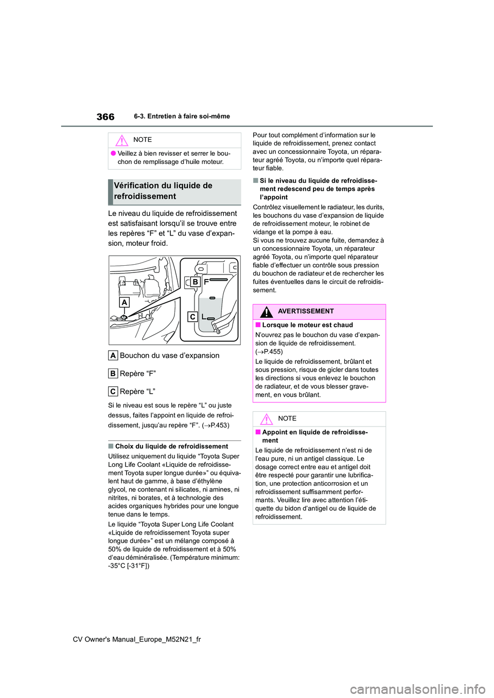 TOYOTA YARIS CROSS 2022 Manuel du propriétaire (in French) 366
CV Owner's Manual_Europe_M52N21_fr
6-3. Entretien à faire soi-même
Le niveau du liquide de refroidissement
est satisfaisant lorsqu’il se trouve entre
les repères “F” et “L” du TOYOTA YARIS CROSS 2022 Manuel du propriétaire (in French) 366
CV Owner's Manual_Europe_M52N21_fr
6-3. Entretien à faire soi-même
Le niveau du liquide de refroidissement
est satisfaisant lorsqu’il se trouve entre
les repères “F” et “L” du
