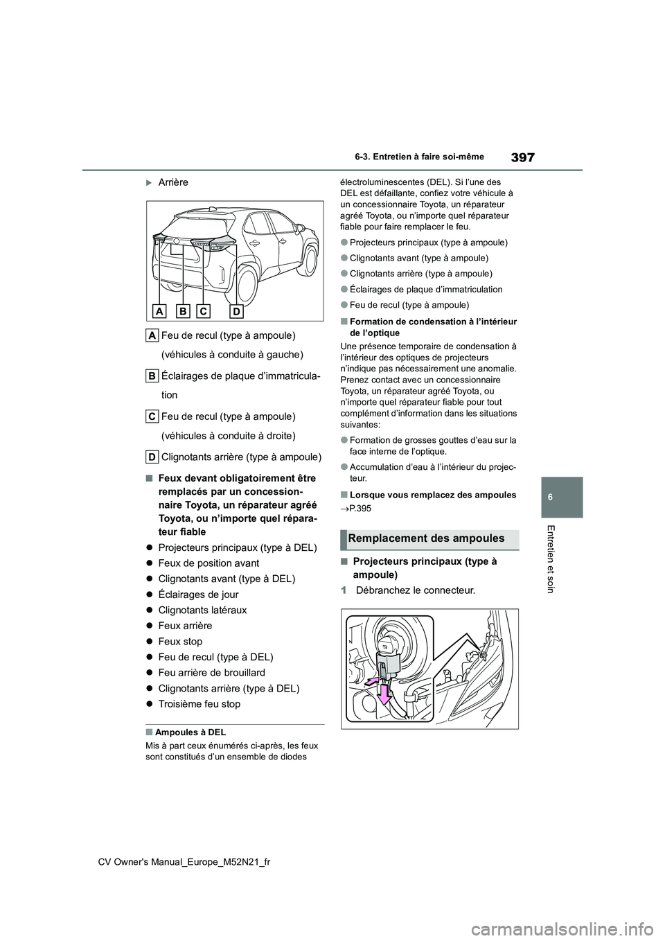 TOYOTA YARIS CROSS 2022 Manuel du propriétaire (in French) 397
6
CV Owner's Manual_Europe_M52N21_fr
6-3. Entretien à faire soi-même
Entretien et soin
Arrière
Feu de recul (type à ampoule)
(véhicules à conduite à gauche)
Éclairages de plaque TOYOTA YARIS CROSS 2022 Manuel du propriétaire (in French) 397
6
CV Owner's Manual_Europe_M52N21_fr
6-3. Entretien à faire soi-même
Entretien et soin
Arrière
Feu de recul (type à ampoule)
(véhicules à conduite à gauche)
Éclairages de plaque
