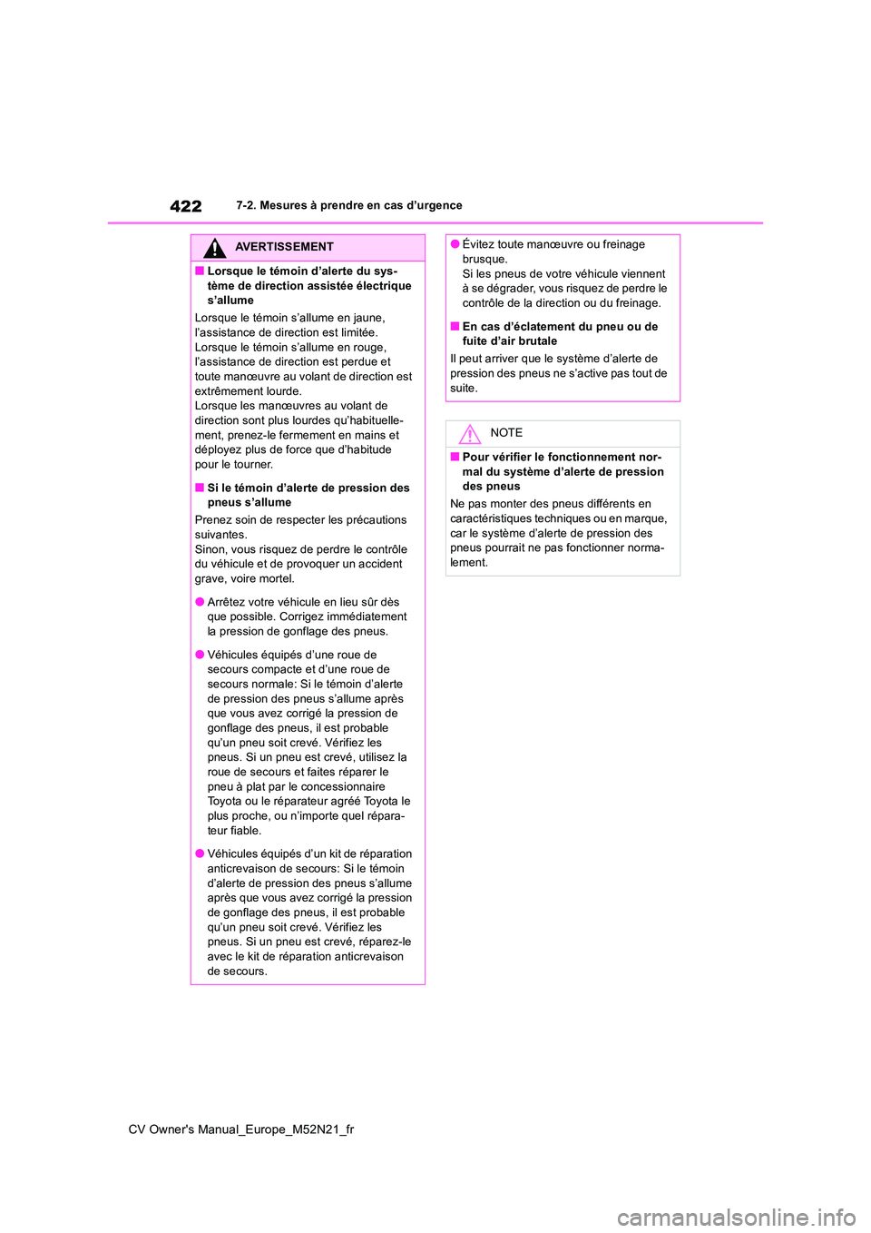 TOYOTA YARIS CROSS 2022 Manuel du propriétaire (in French) 422
CV Owner's Manual_Europe_M52N21_fr
7-2. Mesures à prendre en cas d’urgence
AVERTISSEMENT
■Lorsque le témoin d’alerte du sys-
tème de direction assistée électrique s’allume
Lors TOYOTA YARIS CROSS 2022 Manuel du propriétaire (in French) 422
CV Owner's Manual_Europe_M52N21_fr
7-2. Mesures à prendre en cas d’urgence
AVERTISSEMENT
■Lorsque le témoin d’alerte du sys-
tème de direction assistée électrique s’allume
Lors