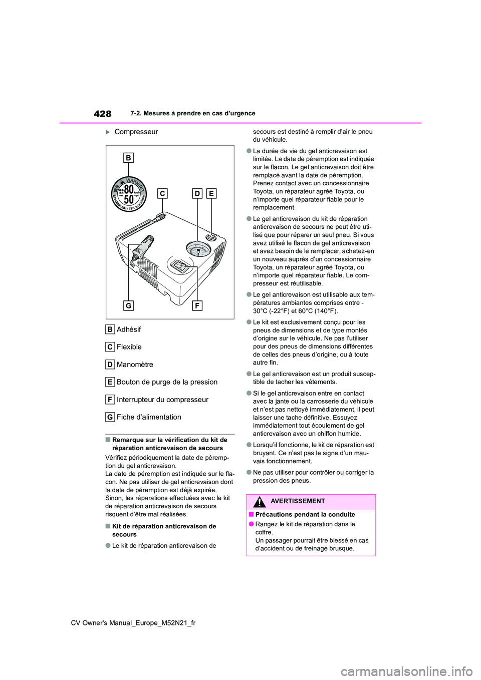 TOYOTA YARIS CROSS 2022 Manuel du propriétaire (in French) 428
CV Owner's Manual_Europe_M52N21_fr
7-2. Mesures à prendre en cas d’urgence
Compresseur
Adhésif
Flexible
Manomètre
Bouton de purge de la pression
Interrupteur du compresseur
Fiche d TOYOTA YARIS CROSS 2022 Manuel du propriétaire (in French) 428
CV Owner's Manual_Europe_M52N21_fr
7-2. Mesures à prendre en cas d’urgence
Compresseur
Adhésif
Flexible
Manomètre
Bouton de purge de la pression
Interrupteur du compresseur
Fiche d