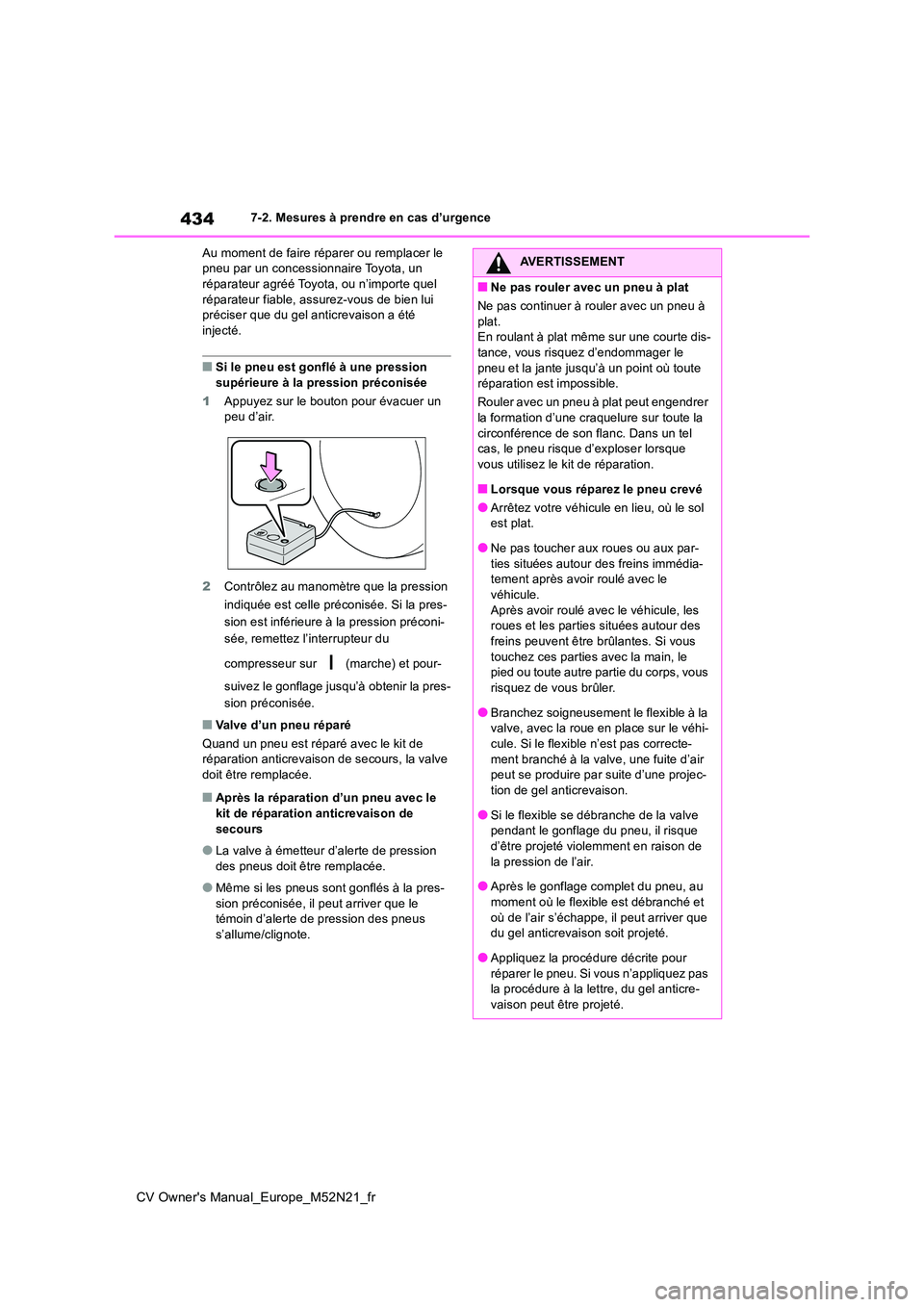 TOYOTA YARIS CROSS 2022 Manuel du propriétaire (in French) 434
CV Owner's Manual_Europe_M52N21_fr
7-2. Mesures à prendre en cas d’urgence
Au moment de faire réparer ou remplacer le pneu par un concessionnaire Toyota, un réparateur agréé Toyota, o TOYOTA YARIS CROSS 2022 Manuel du propriétaire (in French) 434
CV Owner's Manual_Europe_M52N21_fr
7-2. Mesures à prendre en cas d’urgence
Au moment de faire réparer ou remplacer le pneu par un concessionnaire Toyota, un réparateur agréé Toyota, o