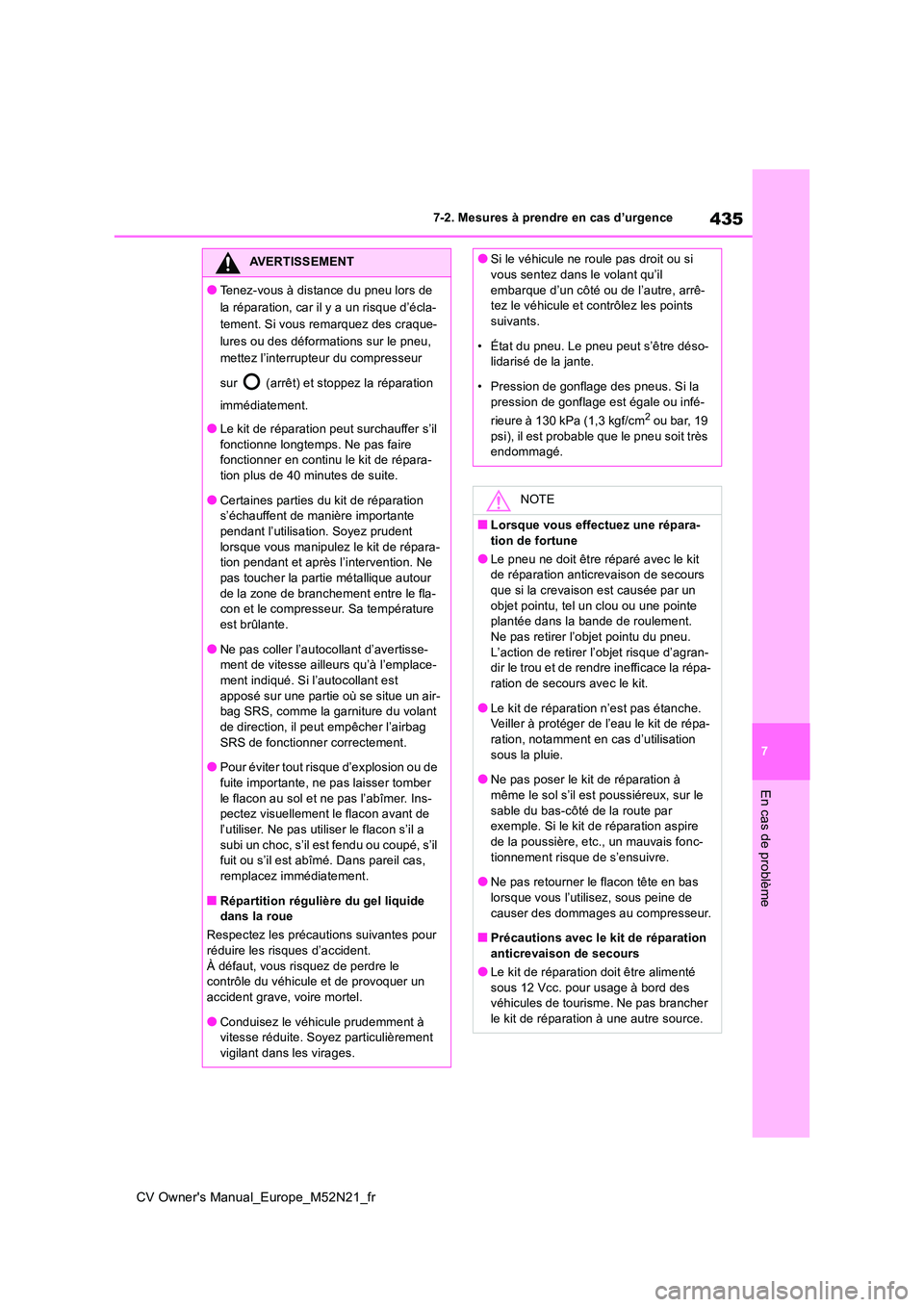 TOYOTA YARIS CROSS 2022 Manuel du propriétaire (in French) 435
7
CV Owner's Manual_Europe_M52N21_fr
7-2. Mesures à prendre en cas d’urgence
En cas de problème
AVERTISSEMENT
●Tenez-vous à distance du pneu lors de
la réparation, car il y a un risq TOYOTA YARIS CROSS 2022 Manuel du propriétaire (in French) 435
7
CV Owner's Manual_Europe_M52N21_fr
7-2. Mesures à prendre en cas d’urgence
En cas de problème
AVERTISSEMENT
●Tenez-vous à distance du pneu lors de
la réparation, car il y a un risq