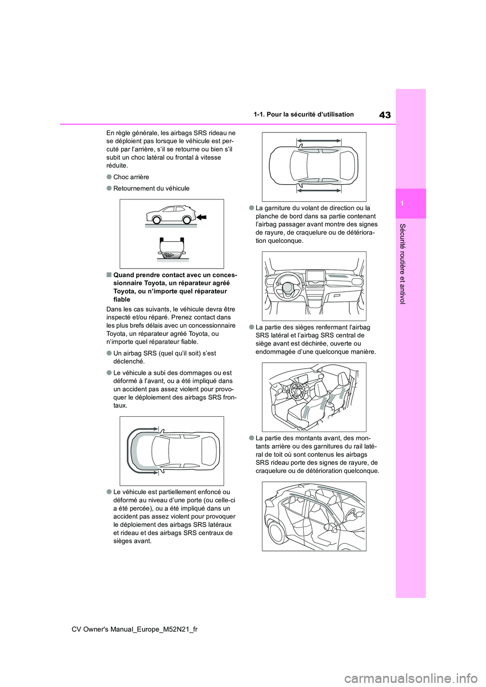 TOYOTA YARIS CROSS 2022  Manuel du propriétaire (in French) 43
1
CV Owner's Manual_Europe_M52N21_fr
1-1. Pour la sécurité d’utilisation
Sécurité routière et antivol
En règle générale, les airbags SRS rideau ne  se déploient pas lorsque le véhic