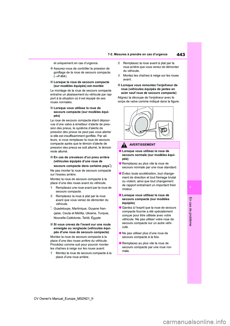 TOYOTA YARIS CROSS 2022 Manuel du propriétaire (in French) 443
7
CV Owner's Manual_Europe_M52N21_fr
7-2. Mesures à prendre en cas d’urgence
En cas de problème
et uniquement en cas d’urgence.
●Assurez-vous de contrôler la pression de
gonflage de TOYOTA YARIS CROSS 2022 Manuel du propriétaire (in French) 443
7
CV Owner's Manual_Europe_M52N21_fr
7-2. Mesures à prendre en cas d’urgence
En cas de problème
et uniquement en cas d’urgence.
●Assurez-vous de contrôler la pression de
gonflage de
