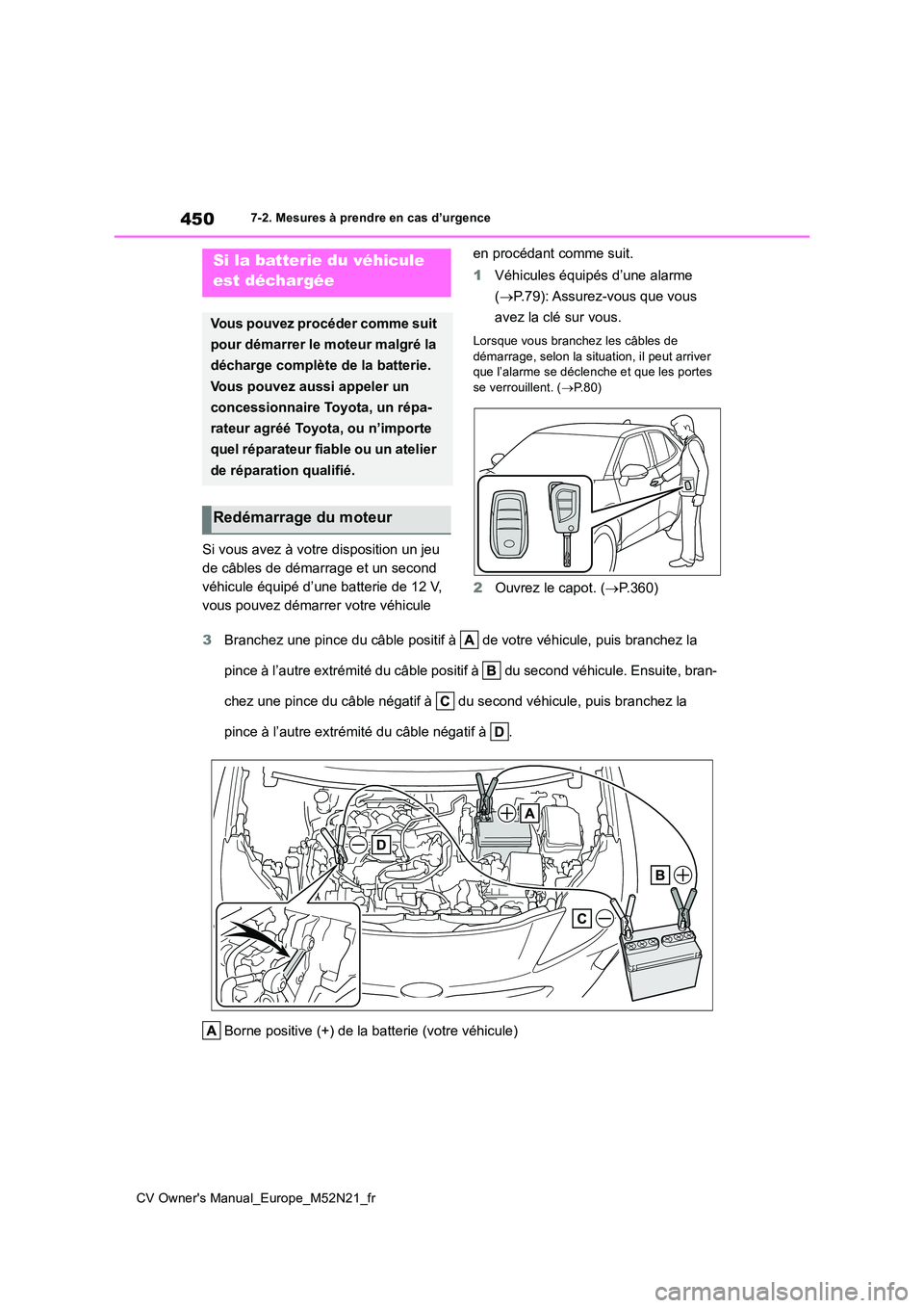 TOYOTA YARIS CROSS 2022  Manuel du propriétaire (in French) 450
CV Owner's Manual_Europe_M52N21_fr
7-2. Mesures à prendre en cas d’urgence
Si vous avez à votre disposition un jeu  
de câbles de démarrage et un second 
véhicule équipé d’une batte