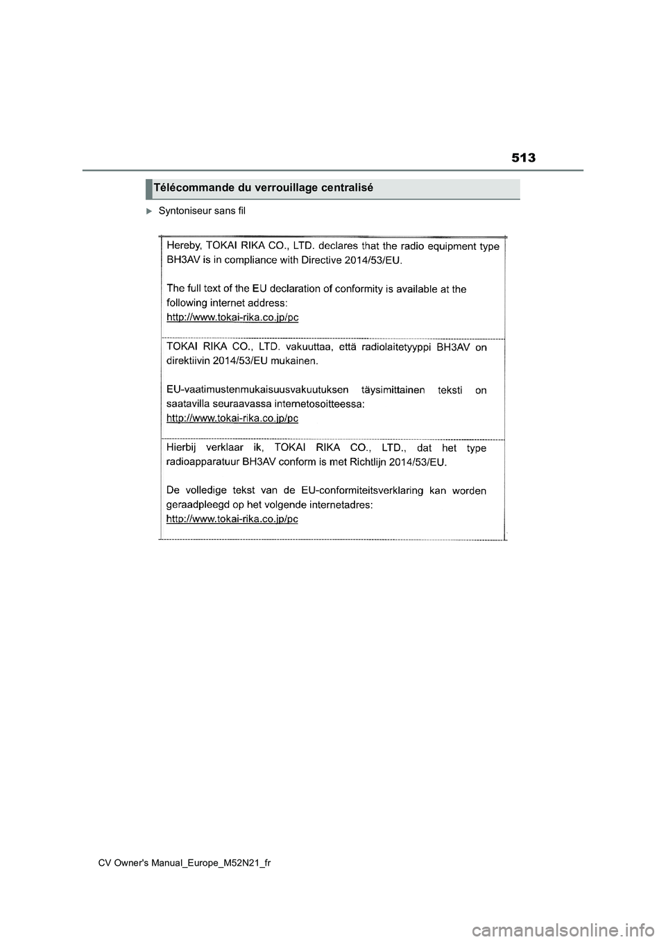 TOYOTA YARIS CROSS 2022  Manuel du propriétaire (in French) 513
CV Owner's Manual_Europe_M52N21_fr
Syntoniseur sans fil
Télécommande du verrouillage centralisé 