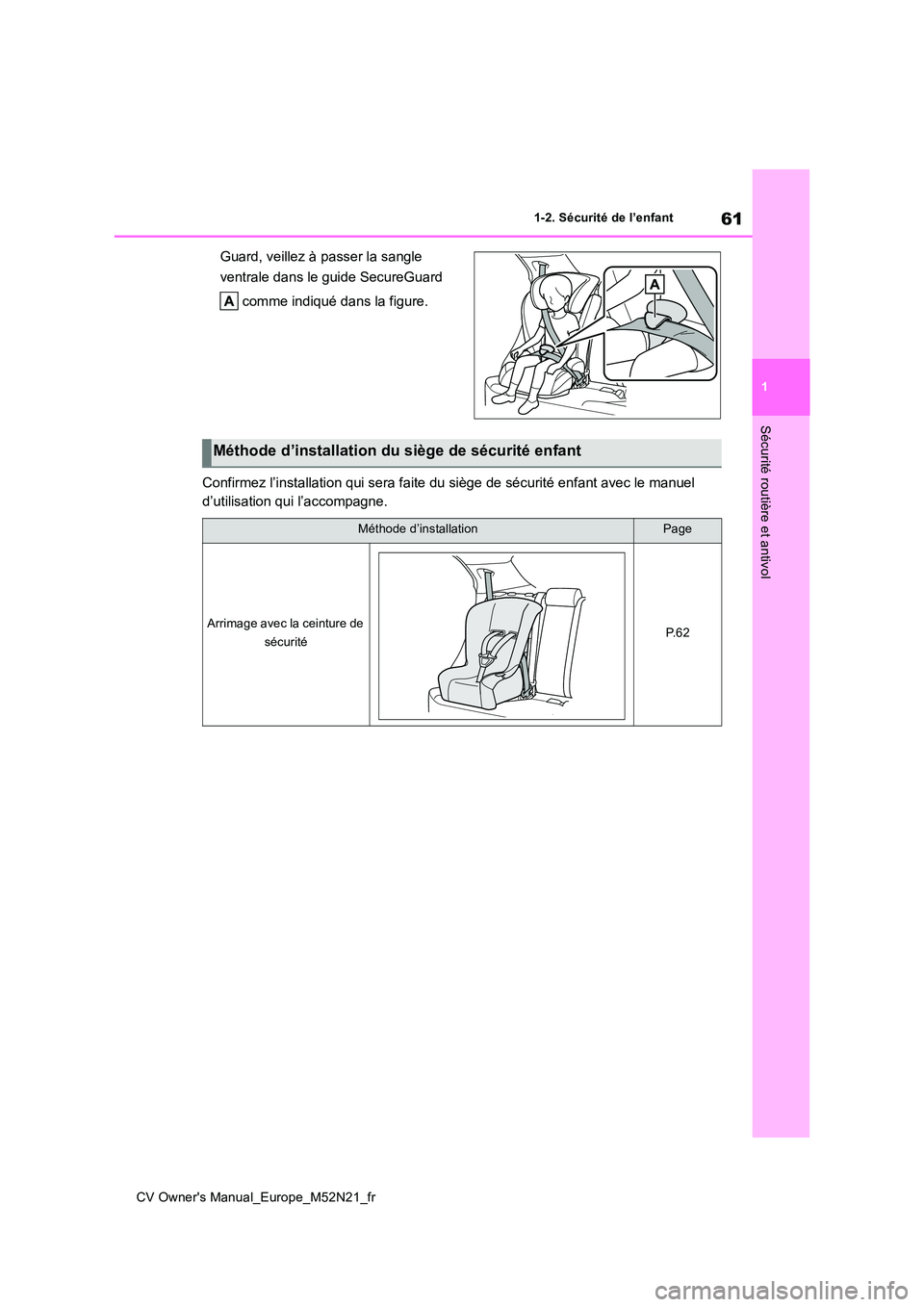 TOYOTA YARIS CROSS 2022  Manuel du propriétaire (in French) 61
1
CV Owner's Manual_Europe_M52N21_fr
1-2. Sécurité de l’enfant
Sécurité routière et antivol
Guard, veillez à passer la sangle  
ventrale dans le guide SecureGuard  
 comme indiqué dans