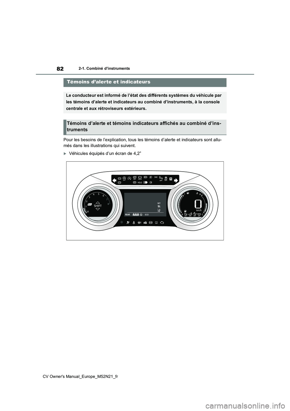 TOYOTA YARIS CROSS 2022  Manuel du propriétaire (in French) 82
CV Owner's Manual_Europe_M52N21_fr
2-1. Combiné d’instruments
2-1.Combiné d’ins truments
Pour les besoins de l’explication, tous les témoins d’alerte et indicateurs sont allu- 
més 