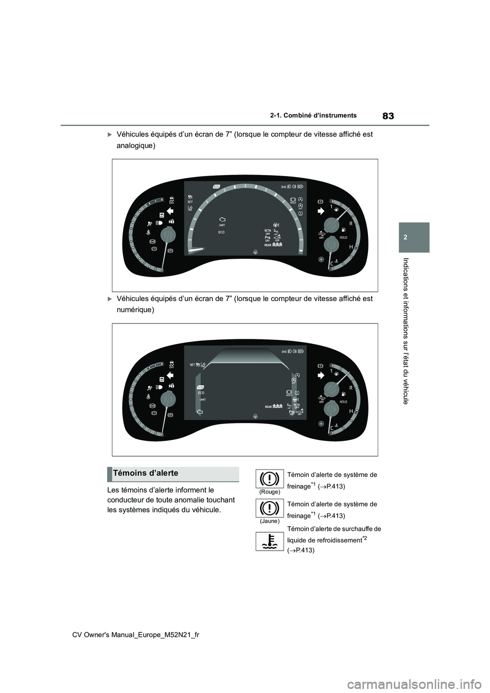 TOYOTA YARIS CROSS 2022  Manuel du propriétaire (in French) 83
2
CV Owner's Manual_Europe_M52N21_fr
2-1. Combiné d’instruments
Indications et informations sur l’état du véhicule
Véhicules équipés d’un écran de 7” (lorsque le compteur de v