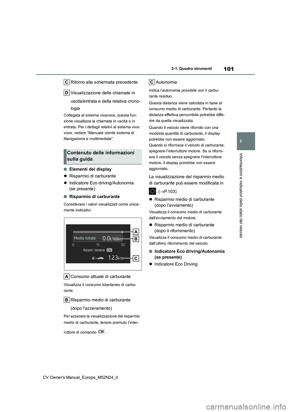 TOYOTA YARIS CROSS 2022  Manuale duso (in Italian) 101
2
CV Owner's Manual_Europe_M52N24_it
2-1. Quadro strumenti
Informazioni e indicatori dello stato del veicolo
Ritorno alla schermata precedente 
Visualizzazione delle chiamate in  
uscita/entra