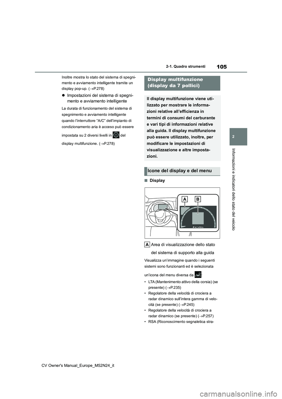 TOYOTA YARIS CROSS 2022 Manuale duso (in Italian) 105
2
CV Owner's Manual_Europe_M52N24_it
2-1. Quadro strumenti
Informazioni e indicatori dello stato del veicolo
Inoltre mostra lo stato del sistema di spegni-
mento e avviamento intelligente tra TOYOTA YARIS CROSS 2022 Manuale duso (in Italian) 105
2
CV Owner's Manual_Europe_M52N24_it
2-1. Quadro strumenti
Informazioni e indicatori dello stato del veicolo
Inoltre mostra lo stato del sistema di spegni-
mento e avviamento intelligente tra