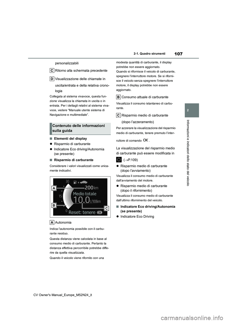 TOYOTA YARIS CROSS 2022  Manuale duso (in Italian) 107
2
CV Owner's Manual_Europe_M52N24_it
2-1. Quadro strumenti
Informazioni e indicatori dello stato del veicolo
personalizzabili 
Ritorno alla schermata precedente 
Visualizzazione delle chiamate