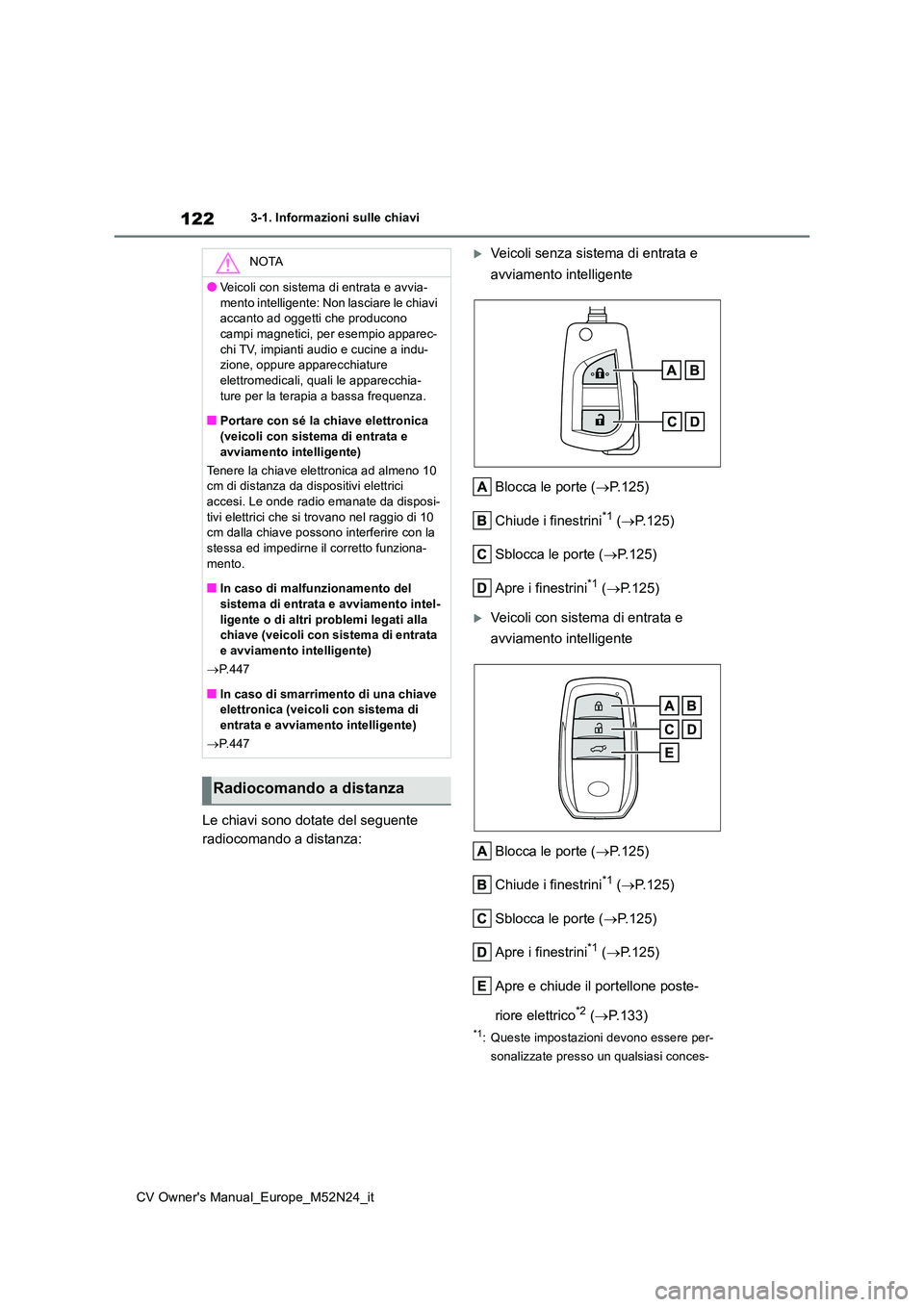 TOYOTA YARIS CROSS 2022 Manuale duso (in Italian) 122
CV Owner's Manual_Europe_M52N24_it
3-1. Informazioni sulle chiavi
Le chiavi sono dotate del seguente
radiocomando a distanza:
Veicoli senza sistema di entrata e
avviamento intelligente TOYOTA YARIS CROSS 2022 Manuale duso (in Italian) 122
CV Owner's Manual_Europe_M52N24_it
3-1. Informazioni sulle chiavi
Le chiavi sono dotate del seguente
radiocomando a distanza:
Veicoli senza sistema di entrata e
avviamento intelligente
