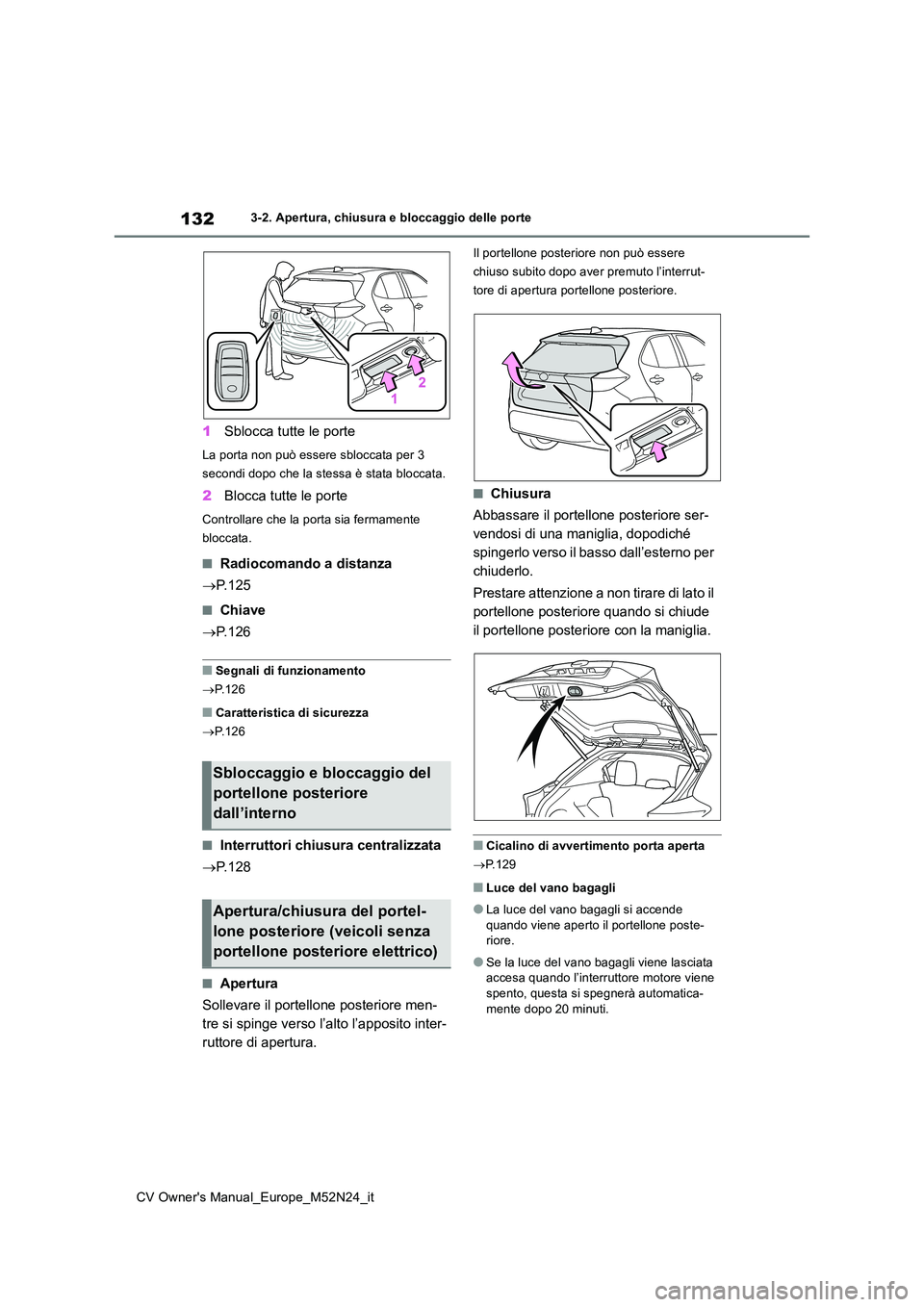 TOYOTA YARIS CROSS 2022 Manuale duso (in Italian) 132
CV Owner's Manual_Europe_M52N24_it
3-2. Apertura, chiusura e bloccaggio delle porte
1Sblocca tutte le porte
La porta non può essere sbloccata per 3
secondi dopo che la stessa è stata blocc TOYOTA YARIS CROSS 2022 Manuale duso (in Italian) 132
CV Owner's Manual_Europe_M52N24_it
3-2. Apertura, chiusura e bloccaggio delle porte
1Sblocca tutte le porte
La porta non può essere sbloccata per 3
secondi dopo che la stessa è stata blocc