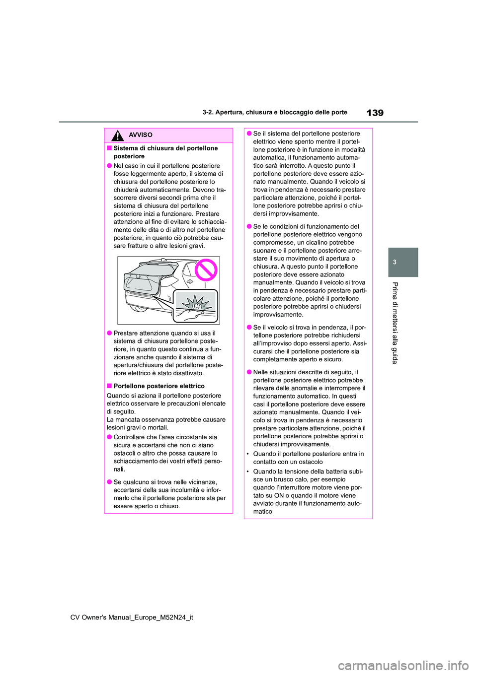 TOYOTA YARIS CROSS 2022 Manuale duso (in Italian) 139
3
CV Owner's Manual_Europe_M52N24_it
3-2. Apertura, chiusura e bloccaggio delle porte
Prima di mettersi alla guida
AVVISO
■Sistema di chiusura del portellone
posteriore
●Nel caso in cui TOYOTA YARIS CROSS 2022 Manuale duso (in Italian) 139
3
CV Owner's Manual_Europe_M52N24_it
3-2. Apertura, chiusura e bloccaggio delle porte
Prima di mettersi alla guida
AVVISO
■Sistema di chiusura del portellone
posteriore
●Nel caso in cui