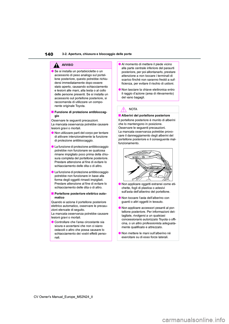 TOYOTA YARIS CROSS 2022 Manuale duso (in Italian) 140
CV Owner's Manual_Europe_M52N24_it
3-2. Apertura, chiusura e bloccaggio delle porte
AVVISO
●Se si installa un portabiciclette o un
accessorio di peso analogo sul portel- lone posteriore, q TOYOTA YARIS CROSS 2022 Manuale duso (in Italian) 140
CV Owner's Manual_Europe_M52N24_it
3-2. Apertura, chiusura e bloccaggio delle porte
AVVISO
●Se si installa un portabiciclette o un
accessorio di peso analogo sul portel- lone posteriore, q