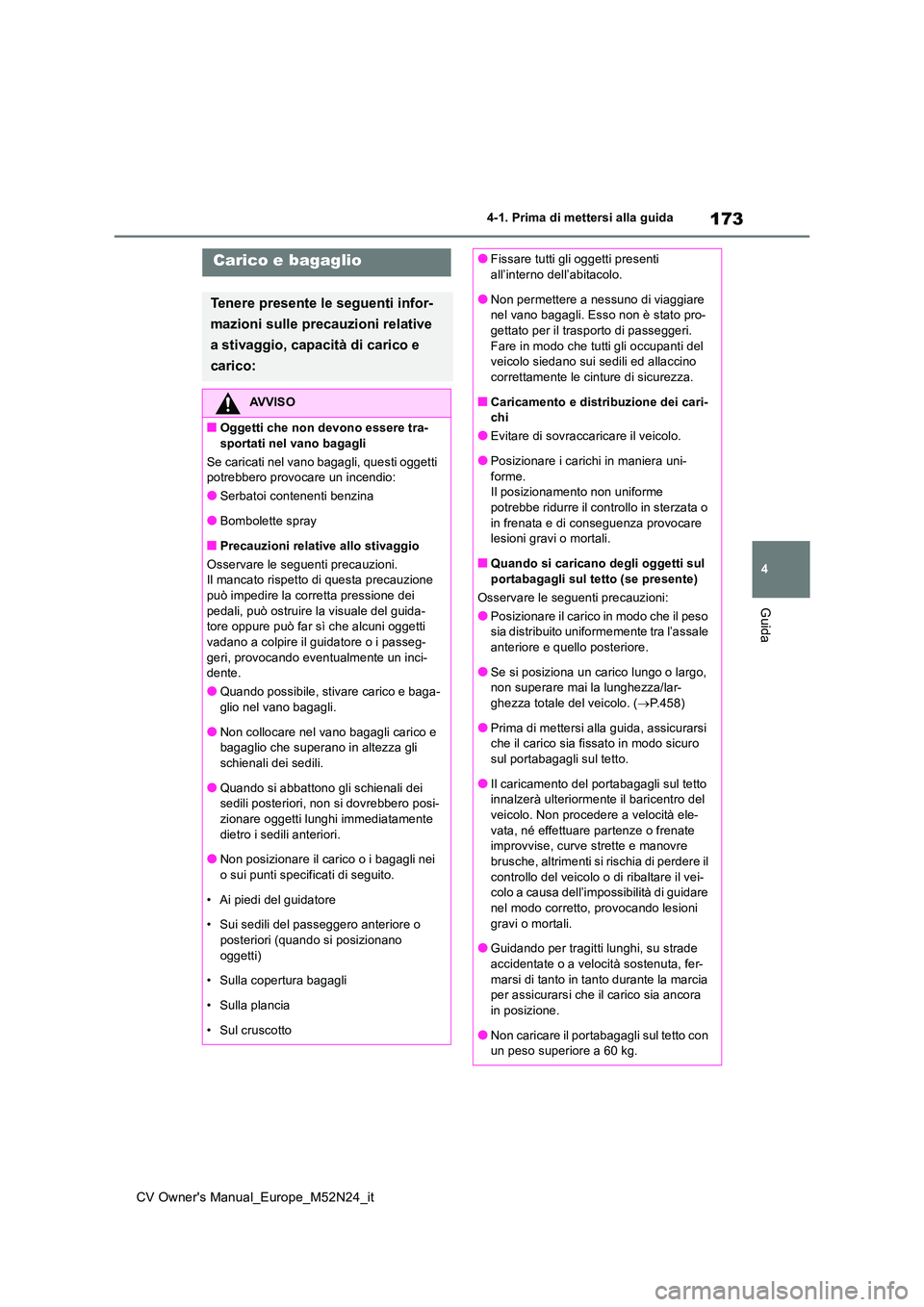 TOYOTA YARIS CROSS 2022 Manuale duso (in Italian) 173
4
CV Owner's Manual_Europe_M52N24_it
4-1. Prima di mettersi alla guida
Guida
Carico e bagaglio
Tenere presente le seguenti infor-
mazioni sulle precauzioni relative
a stivaggio, capacità d TOYOTA YARIS CROSS 2022 Manuale duso (in Italian) 173
4
CV Owner's Manual_Europe_M52N24_it
4-1. Prima di mettersi alla guida
Guida
Carico e bagaglio
Tenere presente le seguenti infor-
mazioni sulle precauzioni relative
a stivaggio, capacità d