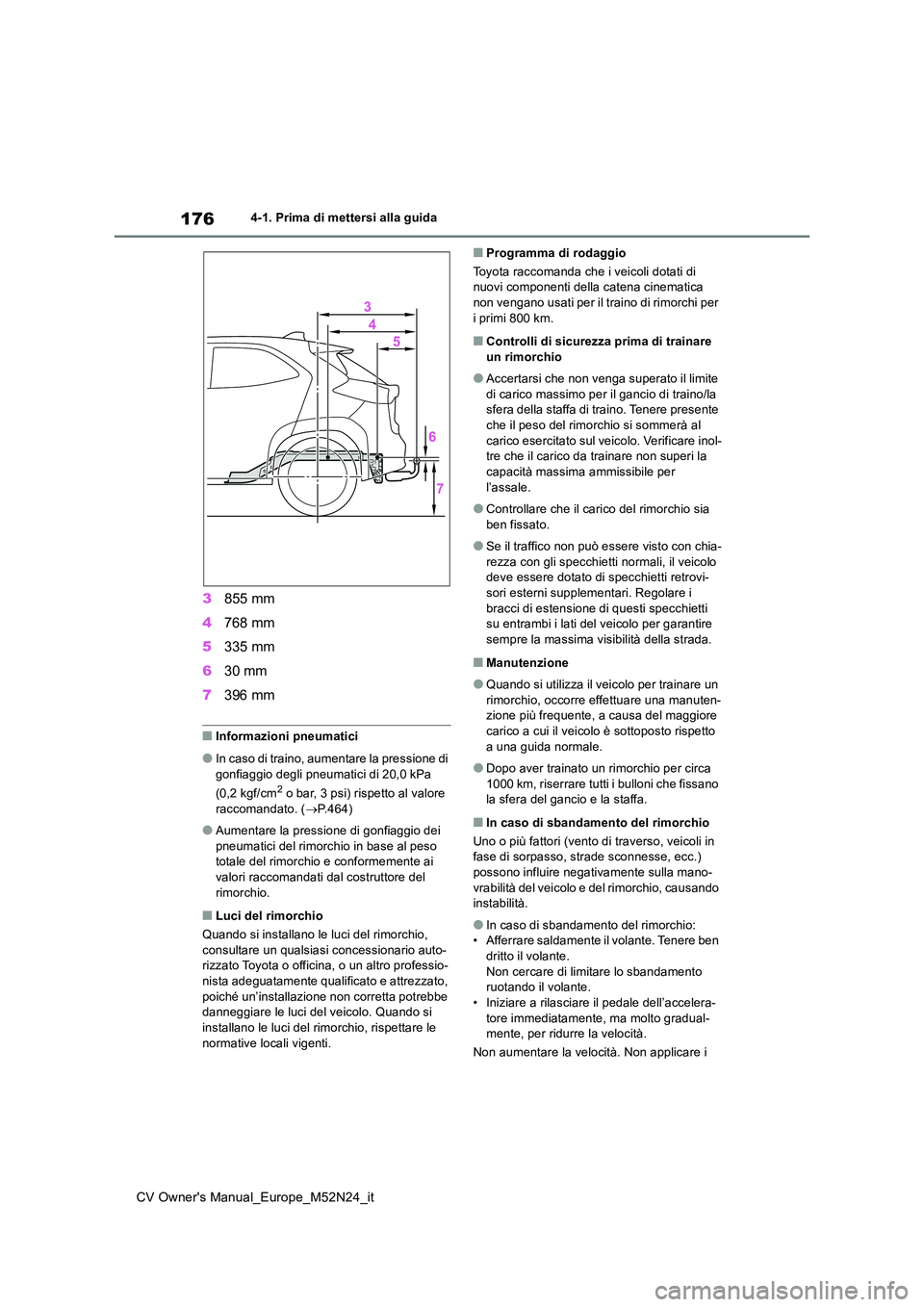 TOYOTA YARIS CROSS 2022 Manuale duso (in Italian) 176
CV Owner's Manual_Europe_M52N24_it
4-1. Prima di mettersi alla guida
3855 mm
4 768 mm
5 335 mm
6 30 mm
7 396 mm
■Informazioni pneumatici
●In caso di traino, aumentare la pressione di TOYOTA YARIS CROSS 2022 Manuale duso (in Italian) 176
CV Owner's Manual_Europe_M52N24_it
4-1. Prima di mettersi alla guida
3855 mm
4 768 mm
5 335 mm
6 30 mm
7 396 mm
■Informazioni pneumatici
●In caso di traino, aumentare la pressione di
