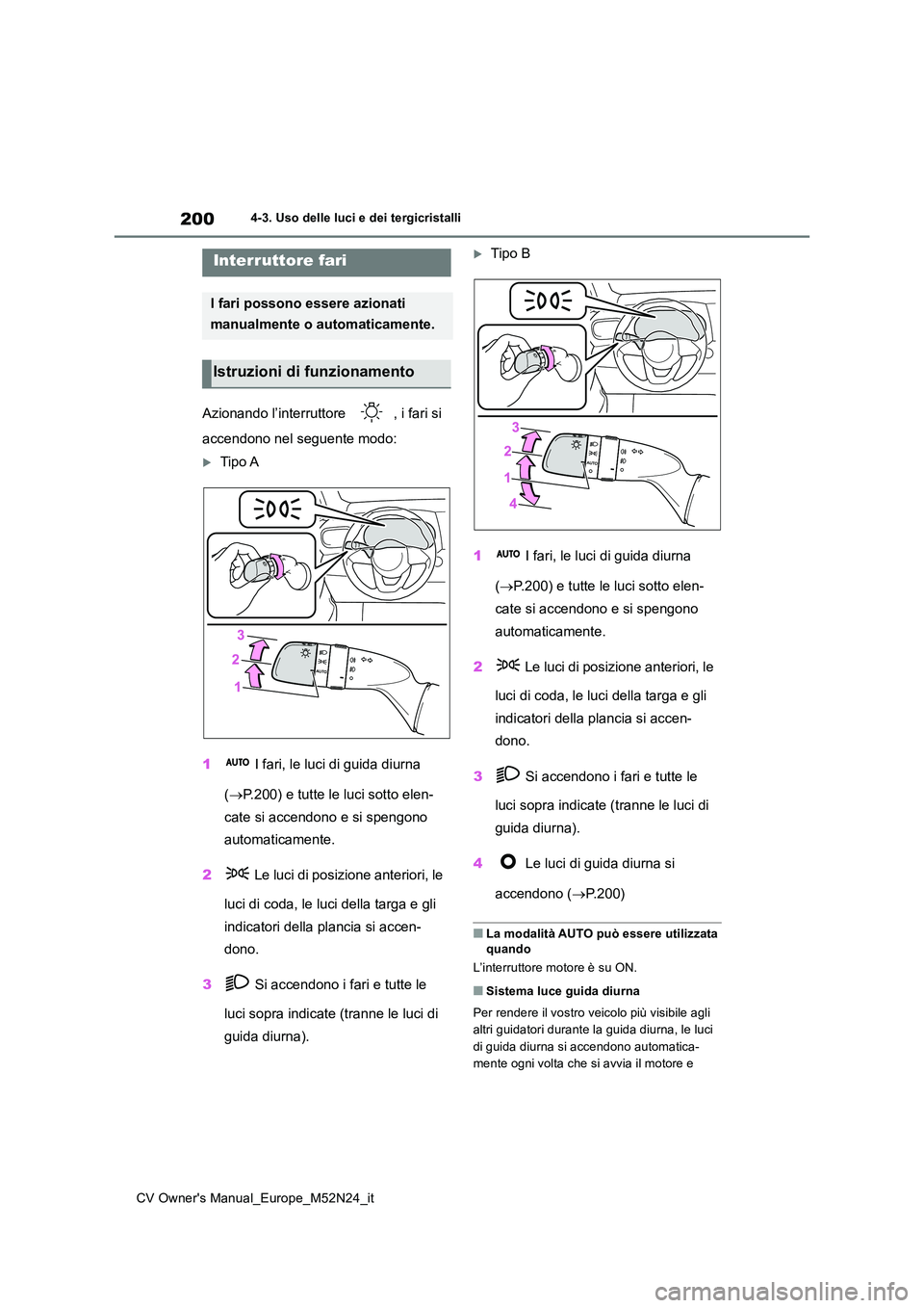 TOYOTA YARIS CROSS 2022 Manuale duso (in Italian) 200
CV Owner's Manual_Europe_M52N24_it
4-3. Uso delle luci e dei tergicristalli
4-3.Uso delle luc i e dei tergicristalli
Azionando l’interruttore , i fari si
accendono nel seguente modo:
T TOYOTA YARIS CROSS 2022 Manuale duso (in Italian) 200
CV Owner's Manual_Europe_M52N24_it
4-3. Uso delle luci e dei tergicristalli
4-3.Uso delle luc i e dei tergicristalli
Azionando l’interruttore , i fari si
accendono nel seguente modo:
T