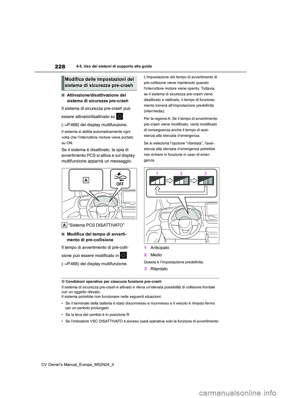 TOYOTA YARIS CROSS 2022 Manuale duso (in Italian) 228
CV Owner's Manual_Europe_M52N24_it
4-5. Uso dei sistemi di supporto alla guida
■Attivazione/disattivazione del
sistema di sicurezza pre-crash
Il sistema di sicurezza pre-crash può
esse TOYOTA YARIS CROSS 2022 Manuale duso (in Italian) 228
CV Owner's Manual_Europe_M52N24_it
4-5. Uso dei sistemi di supporto alla guida
■Attivazione/disattivazione del
sistema di sicurezza pre-crash
Il sistema di sicurezza pre-crash può
esse