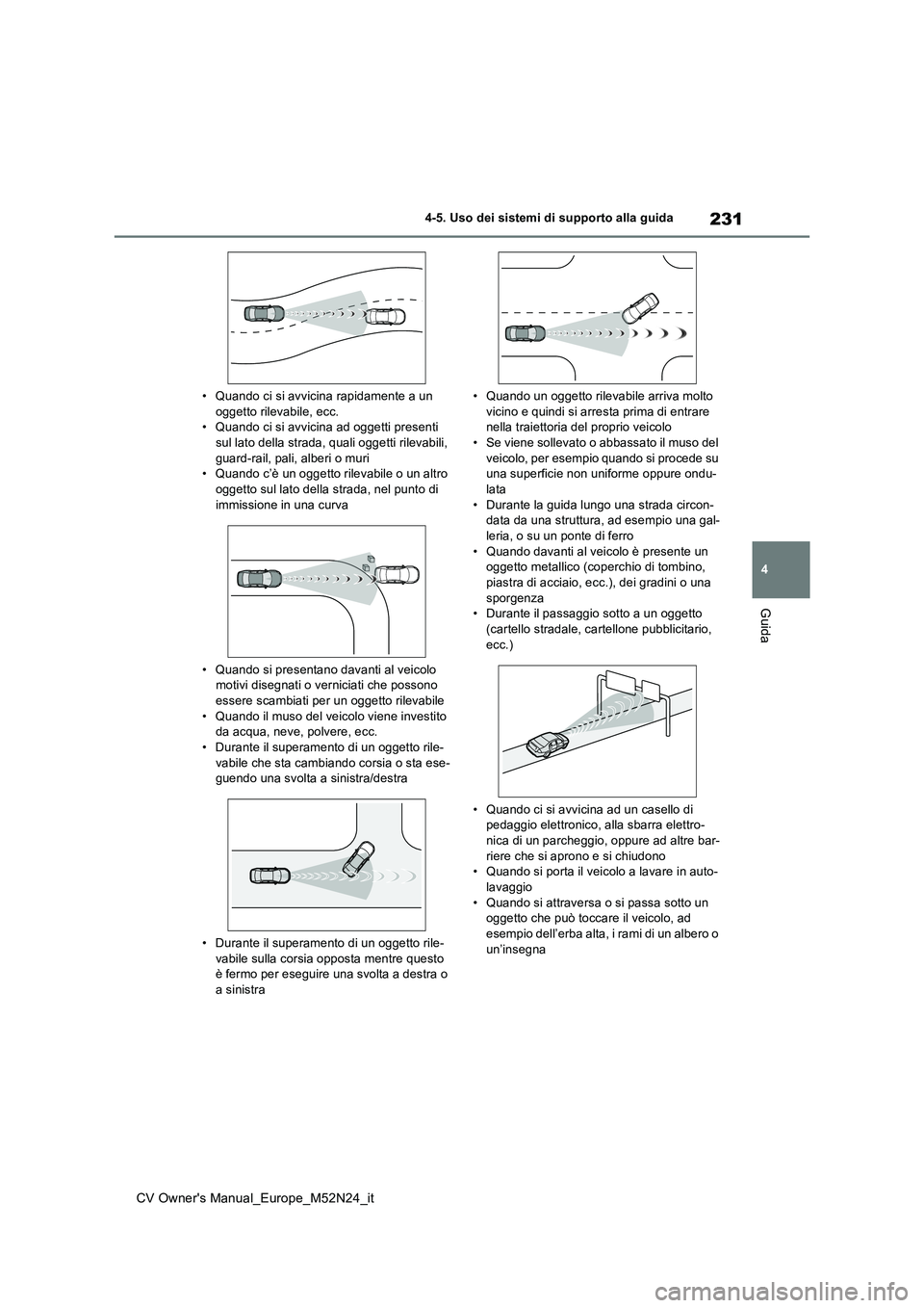 TOYOTA YARIS CROSS 2022 Manuale duso (in Italian) 231
4
CV Owner's Manual_Europe_M52N24_it
4-5. Uso dei sistemi di supporto alla guida
Guida
• Quando ci si avvicina rapidamente a un oggetto rilevabile, ecc.• Quando ci si avvicina ad oggetti TOYOTA YARIS CROSS 2022 Manuale duso (in Italian) 231
4
CV Owner's Manual_Europe_M52N24_it
4-5. Uso dei sistemi di supporto alla guida
Guida
• Quando ci si avvicina rapidamente a un oggetto rilevabile, ecc.• Quando ci si avvicina ad oggetti
