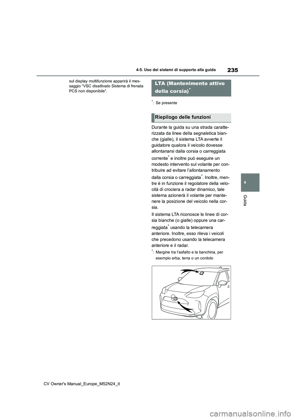 TOYOTA YARIS CROSS 2022 Manuale duso (in Italian) 235
4
CV Owner's Manual_Europe_M52N24_it
4-5. Uso dei sistemi di supporto alla guida
Guida
sul display multifunzione apparirà il mes- saggio “VSC disattivato Sistema di frenata PCS non disponib TOYOTA YARIS CROSS 2022 Manuale duso (in Italian) 235
4
CV Owner's Manual_Europe_M52N24_it
4-5. Uso dei sistemi di supporto alla guida
Guida
sul display multifunzione apparirà il mes- saggio “VSC disattivato Sistema di frenata PCS non disponib