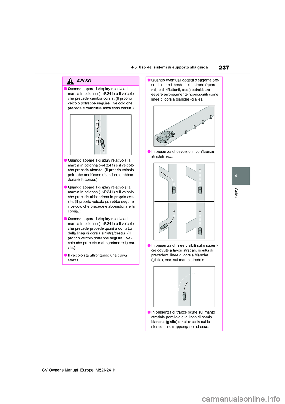 TOYOTA YARIS CROSS 2022 Manuale duso (in Italian) 237
4
CV Owner's Manual_Europe_M52N24_it
4-5. Uso dei sistemi di supporto alla guida
Guida
AVVISO
●Quando appare il display relativo alla
marcia in colonna ( P.241) e il veicolo che preced TOYOTA YARIS CROSS 2022 Manuale duso (in Italian) 237
4
CV Owner's Manual_Europe_M52N24_it
4-5. Uso dei sistemi di supporto alla guida
Guida
AVVISO
●Quando appare il display relativo alla
marcia in colonna ( P.241) e il veicolo che preced