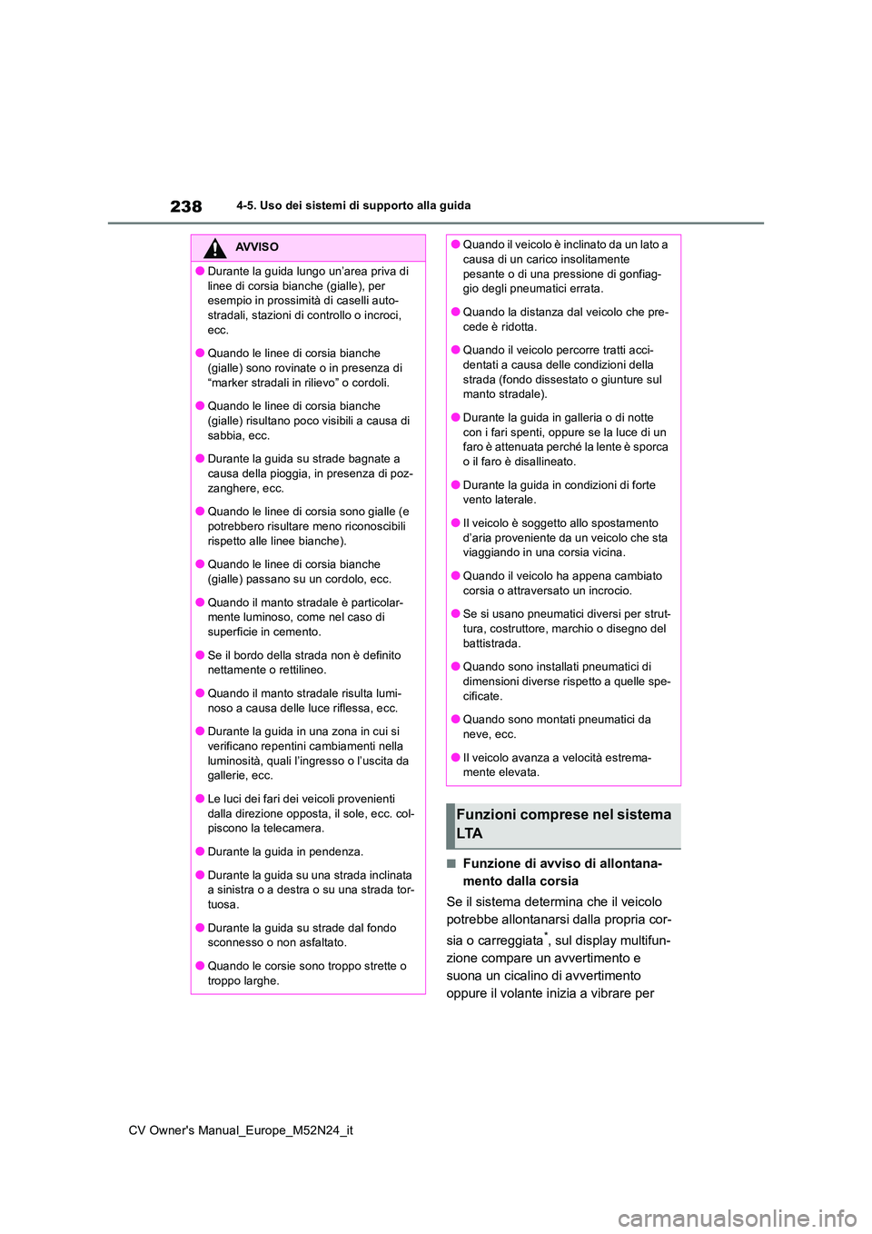 TOYOTA YARIS CROSS 2022 Manuale duso (in Italian) 238
CV Owner's Manual_Europe_M52N24_it
4-5. Uso dei sistemi di supporto alla guida
■Funzione di avviso di allontana-
mento dalla corsia
Se il sistema determina che il veicolo
potrebbe allont TOYOTA YARIS CROSS 2022 Manuale duso (in Italian) 238
CV Owner's Manual_Europe_M52N24_it
4-5. Uso dei sistemi di supporto alla guida
■Funzione di avviso di allontana-
mento dalla corsia
Se il sistema determina che il veicolo
potrebbe allont