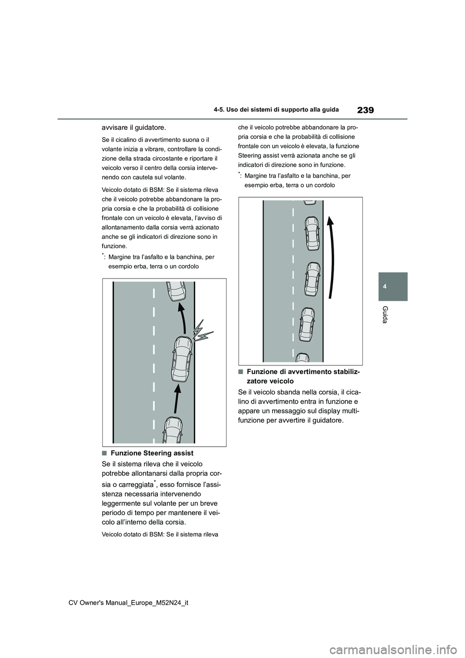 TOYOTA YARIS CROSS 2022 Manuale duso (in Italian) 239
4
CV Owner's Manual_Europe_M52N24_it
4-5. Uso dei sistemi di supporto alla guida
Guida
avvisare il guidatore.
Se il cicalino di avvertimento suona o il
volante inizia a vibrare, controllare TOYOTA YARIS CROSS 2022 Manuale duso (in Italian) 239
4
CV Owner's Manual_Europe_M52N24_it
4-5. Uso dei sistemi di supporto alla guida
Guida
avvisare il guidatore.
Se il cicalino di avvertimento suona o il
volante inizia a vibrare, controllare