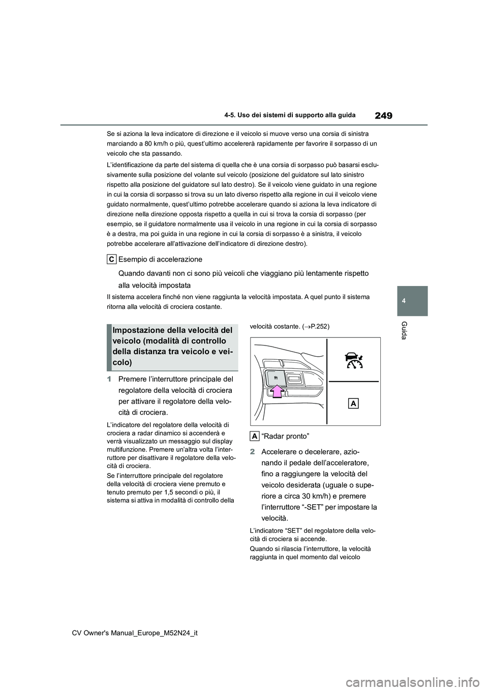 TOYOTA YARIS CROSS 2022 Manuale duso (in Italian) 249
4
CV Owner's Manual_Europe_M52N24_it
4-5. Uso dei sistemi di supporto alla guida
Guida
Se si aziona la leva indicatore di direzione e il veicolo si muove verso una corsia di sinistra
marcian TOYOTA YARIS CROSS 2022 Manuale duso (in Italian) 249
4
CV Owner's Manual_Europe_M52N24_it
4-5. Uso dei sistemi di supporto alla guida
Guida
Se si aziona la leva indicatore di direzione e il veicolo si muove verso una corsia di sinistra
marcian