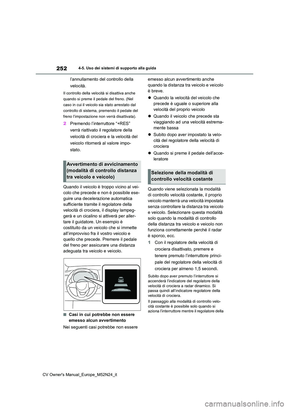 TOYOTA YARIS CROSS 2022 Manuale duso (in Italian) 252
CV Owner's Manual_Europe_M52N24_it
4-5. Uso dei sistemi di supporto alla guida
l’annullamento del controllo della
velocità.
Il controllo della velocità si disattiva anche
quando si pre TOYOTA YARIS CROSS 2022 Manuale duso (in Italian) 252
CV Owner's Manual_Europe_M52N24_it
4-5. Uso dei sistemi di supporto alla guida
l’annullamento del controllo della
velocità.
Il controllo della velocità si disattiva anche
quando si pre