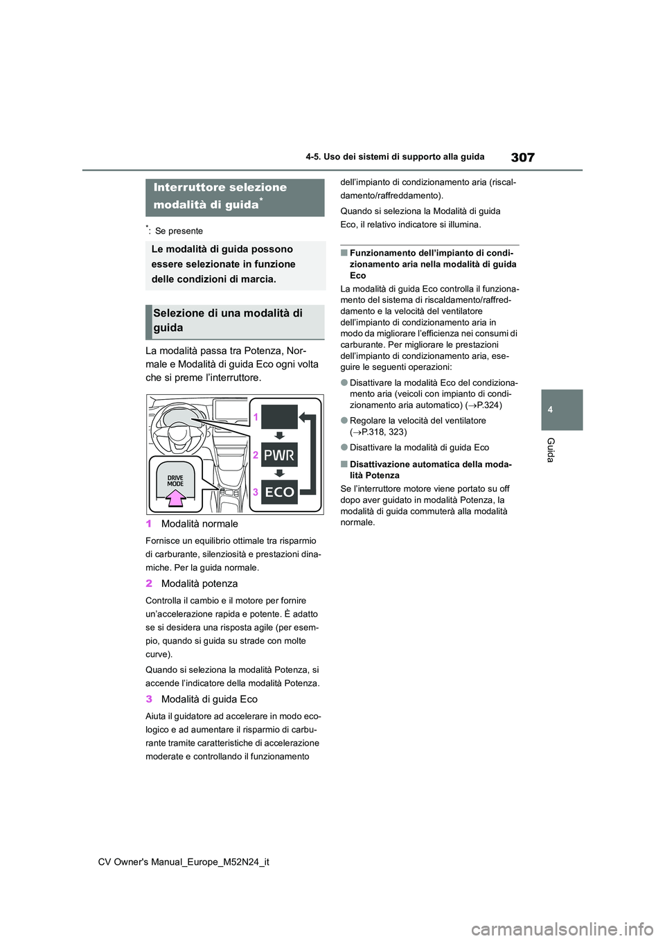 TOYOTA YARIS CROSS 2022 Manuale duso (in Italian) 307
4
CV Owner's Manual_Europe_M52N24_it
4-5. Uso dei sistemi di supporto alla guida
Guida
*: Se presente
La modalità passa tra Potenza, Nor-
male e Modalità di guida Eco ogni volta
che si pre TOYOTA YARIS CROSS 2022 Manuale duso (in Italian) 307
4
CV Owner's Manual_Europe_M52N24_it
4-5. Uso dei sistemi di supporto alla guida
Guida
*: Se presente
La modalità passa tra Potenza, Nor-
male e Modalità di guida Eco ogni volta
che si pre
