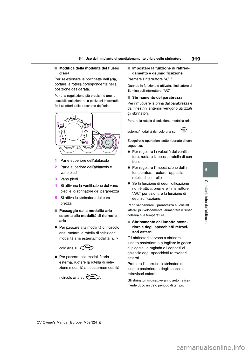 TOYOTA YARIS CROSS 2022 Manuale duso (in Italian) 319
5
CV Owner's Manual_Europe_M52N24_it
5-1. Uso dell’impianto di condizionamento aria e dello sbrinatore
Caratteristiche dell’abitacolo
■Modifica della modalità del flusso
d’aria
Per TOYOTA YARIS CROSS 2022 Manuale duso (in Italian) 319
5
CV Owner's Manual_Europe_M52N24_it
5-1. Uso dell’impianto di condizionamento aria e dello sbrinatore
Caratteristiche dell’abitacolo
■Modifica della modalità del flusso
d’aria
Per