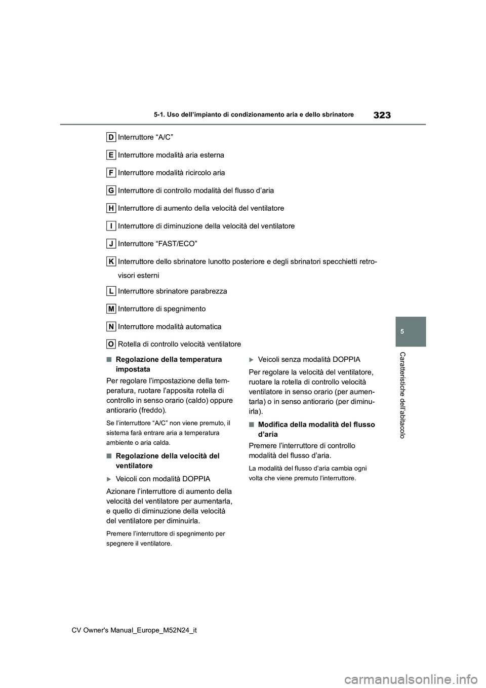 TOYOTA YARIS CROSS 2022 Manuale duso (in Italian) 323
5
CV Owner's Manual_Europe_M52N24_it
5-1. Uso dell’impianto di condizionamento aria e dello sbrinatore
Caratteristiche dell’abitacolo
Interruttore “A/C”
Interruttore modalità aria es TOYOTA YARIS CROSS 2022 Manuale duso (in Italian) 323
5
CV Owner's Manual_Europe_M52N24_it
5-1. Uso dell’impianto di condizionamento aria e dello sbrinatore
Caratteristiche dell’abitacolo
Interruttore “A/C”
Interruttore modalità aria es