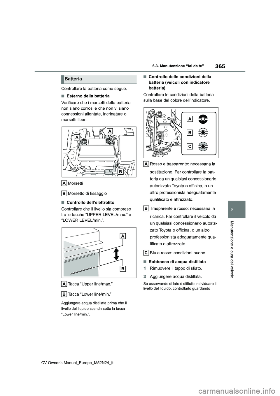 TOYOTA YARIS CROSS 2022 Manuale duso (in Italian) 365
6
CV Owner's Manual_Europe_M52N24_it
6-3. Manutenzione “fai da te”
Manutenzione e cura del veicolo
Controllare la batteria come segue.
■Esterno della batteria
Verificare che i morsetti TOYOTA YARIS CROSS 2022 Manuale duso (in Italian) 365
6
CV Owner's Manual_Europe_M52N24_it
6-3. Manutenzione “fai da te”
Manutenzione e cura del veicolo
Controllare la batteria come segue.
■Esterno della batteria
Verificare che i morsetti