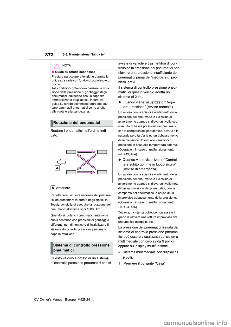 TOYOTA YARIS CROSS 2022 Manuale duso (in Italian) 372
CV Owner's Manual_Europe_M52N24_it
6-3. Manutenzione “fai da te”
Ruotare i pneumatici nell’ordine indi-
cato.
Anteriore
Per ottenere un’usura uniforme dei pneuma-
tici ed aumentare TOYOTA YARIS CROSS 2022 Manuale duso (in Italian) 372
CV Owner's Manual_Europe_M52N24_it
6-3. Manutenzione “fai da te”
Ruotare i pneumatici nell’ordine indi-
cato.
Anteriore
Per ottenere un’usura uniforme dei pneuma-
tici ed aumentare
