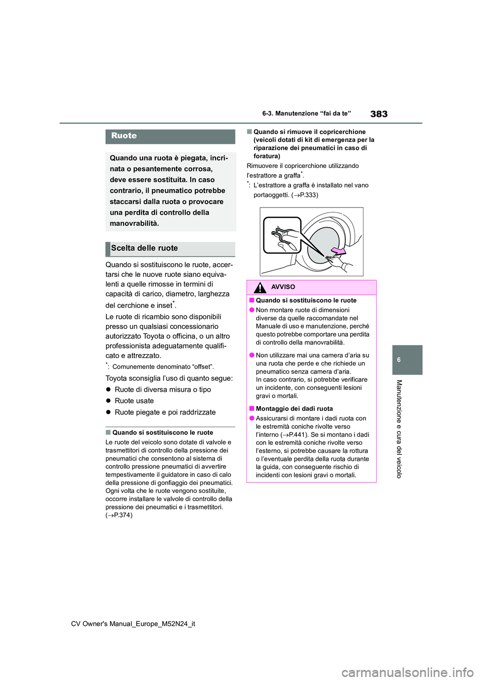TOYOTA YARIS CROSS 2022 Manuale duso (in Italian) 383
6
CV Owner's Manual_Europe_M52N24_it
6-3. Manutenzione “fai da te”
Manutenzione e cura del veicolo
Quando si sostituiscono le ruote, accer-
tarsi che le nuove ruote siano equiva-
lenti a TOYOTA YARIS CROSS 2022 Manuale duso (in Italian) 383
6
CV Owner's Manual_Europe_M52N24_it
6-3. Manutenzione “fai da te”
Manutenzione e cura del veicolo
Quando si sostituiscono le ruote, accer-
tarsi che le nuove ruote siano equiva-
lenti a