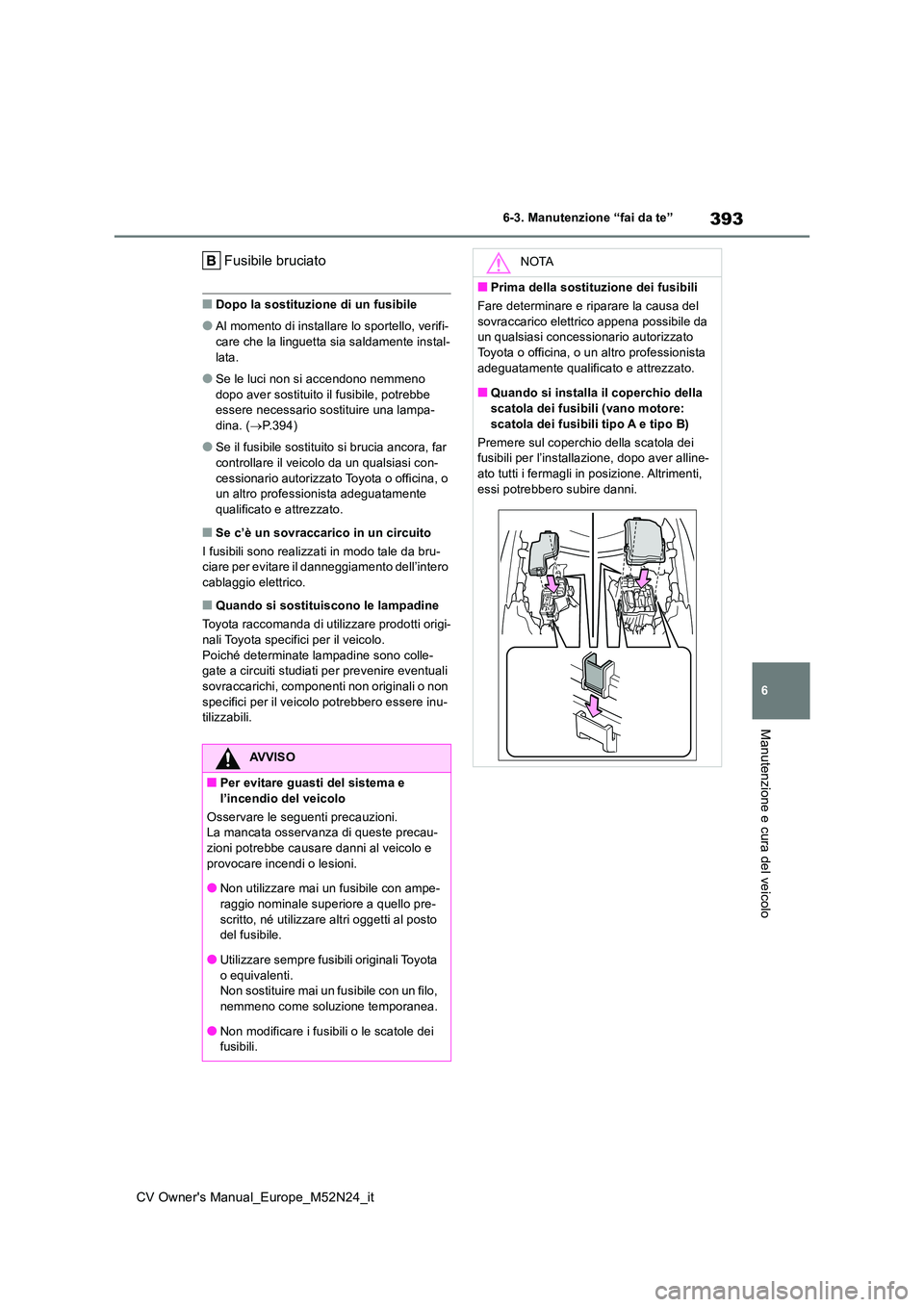 TOYOTA YARIS CROSS 2022 Manuale duso (in Italian) 393
6
CV Owner's Manual_Europe_M52N24_it
6-3. Manutenzione “fai da te”
Manutenzione e cura del veicolo
Fusibile bruciato
■Dopo la sostituzione di un fusibile
●Al momento di installare lo s TOYOTA YARIS CROSS 2022 Manuale duso (in Italian) 393
6
CV Owner's Manual_Europe_M52N24_it
6-3. Manutenzione “fai da te”
Manutenzione e cura del veicolo
Fusibile bruciato
■Dopo la sostituzione di un fusibile
●Al momento di installare lo s