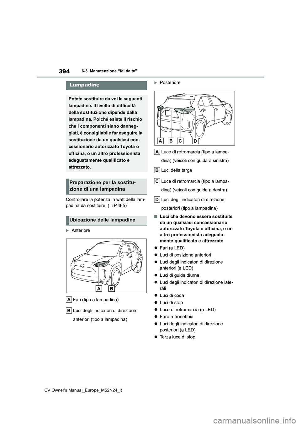 TOYOTA YARIS CROSS 2022 Manuale duso (in Italian) 394
CV Owner's Manual_Europe_M52N24_it
6-3. Manutenzione “fai da te”
Controllare la potenza in watt della lam-
padina da sostituire. ( P.465)
Anteriore
Fari (tipo a lampadina)
Luci de TOYOTA YARIS CROSS 2022 Manuale duso (in Italian) 394
CV Owner's Manual_Europe_M52N24_it
6-3. Manutenzione “fai da te”
Controllare la potenza in watt della lam-
padina da sostituire. ( P.465)
Anteriore
Fari (tipo a lampadina)
Luci de
