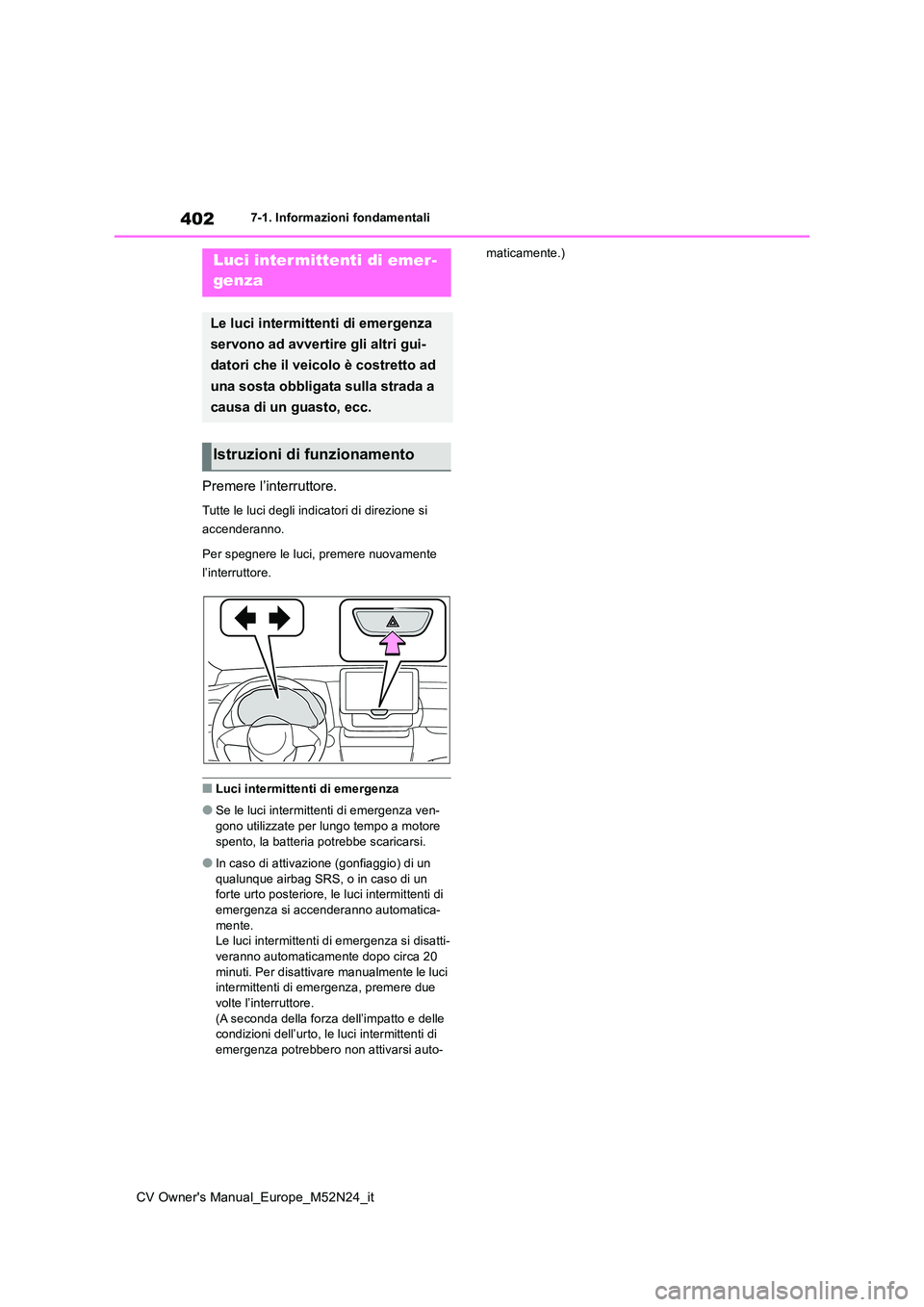 TOYOTA YARIS CROSS 2022 Manuale duso (in Italian) 402
CV Owner's Manual_Europe_M52N24_it
7-1. Informazioni fondamentali
7-1.In formazioni fond amentali
Premere l’interruttore.
Tutte le luci degli indicatori di direzione si
accenderanno.
Per TOYOTA YARIS CROSS 2022 Manuale duso (in Italian) 402
CV Owner's Manual_Europe_M52N24_it
7-1. Informazioni fondamentali
7-1.In formazioni fond amentali
Premere l’interruttore.
Tutte le luci degli indicatori di direzione si
accenderanno.
Per