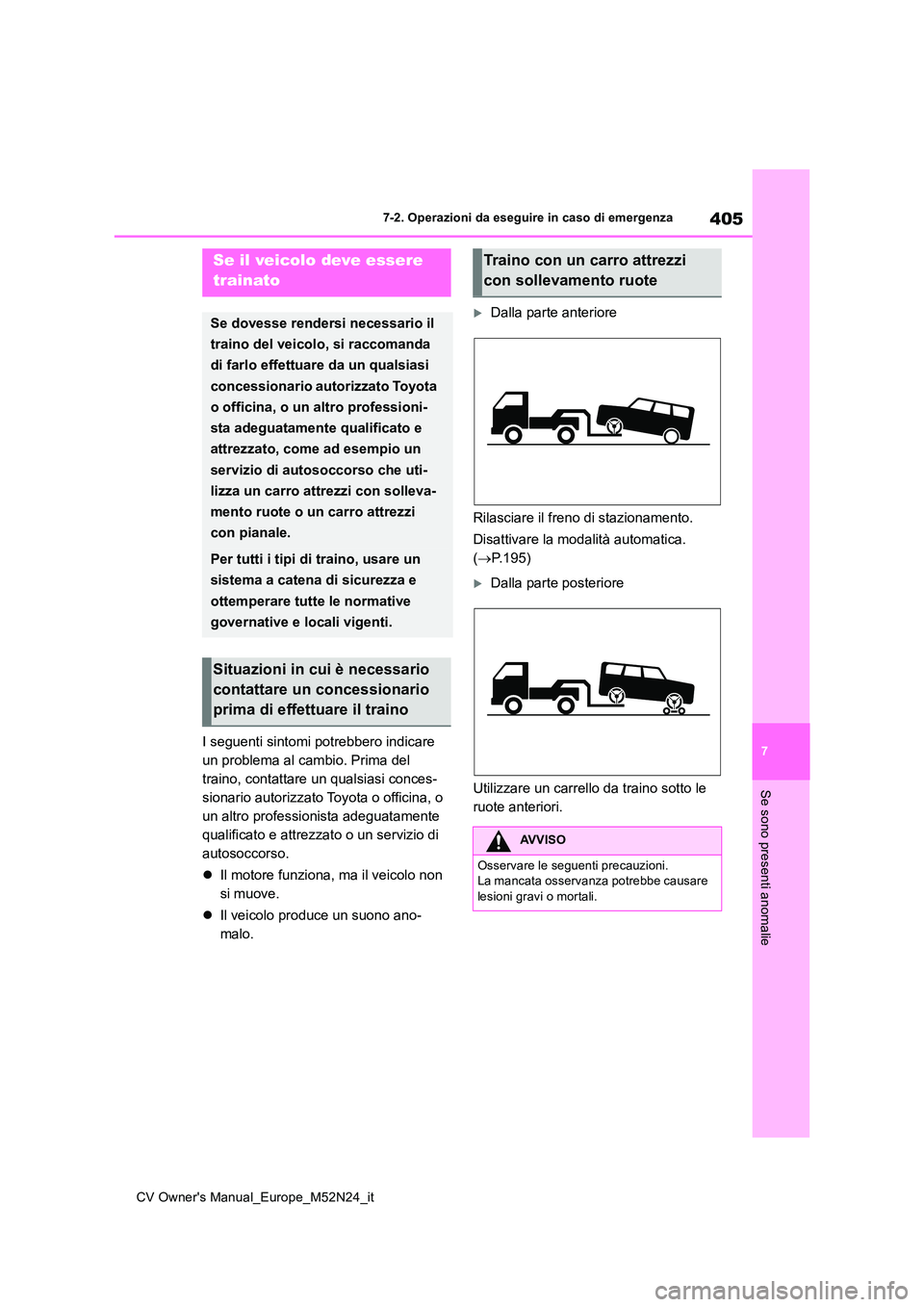 TOYOTA YARIS CROSS 2022 Manuale duso (in Italian) 405
7
CV Owner's Manual_Europe_M52N24_it
7-2. Operazioni da eseguire in caso di emergenza
Se sono presenti anomalie
7-2.Operazioni da eseg uire in ca so di eme rgen za
I seguenti sintomi potrebbe TOYOTA YARIS CROSS 2022 Manuale duso (in Italian) 405
7
CV Owner's Manual_Europe_M52N24_it
7-2. Operazioni da eseguire in caso di emergenza
Se sono presenti anomalie
7-2.Operazioni da eseg uire in ca so di eme rgen za
I seguenti sintomi potrebbe