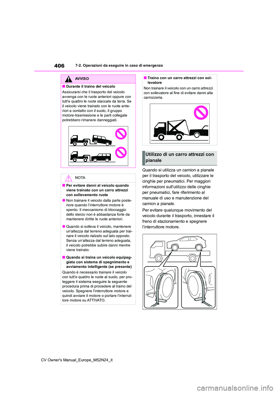 TOYOTA YARIS CROSS 2022 Manuale duso (in Italian) 406
CV Owner's Manual_Europe_M52N24_it
7-2. Operazioni da eseguire in caso di emergenza
Quando si utilizza un camion a pianale
per il trasporto del veicolo, utilizzare le
cinghie per pneumatici TOYOTA YARIS CROSS 2022 Manuale duso (in Italian) 406
CV Owner's Manual_Europe_M52N24_it
7-2. Operazioni da eseguire in caso di emergenza
Quando si utilizza un camion a pianale
per il trasporto del veicolo, utilizzare le
cinghie per pneumatici