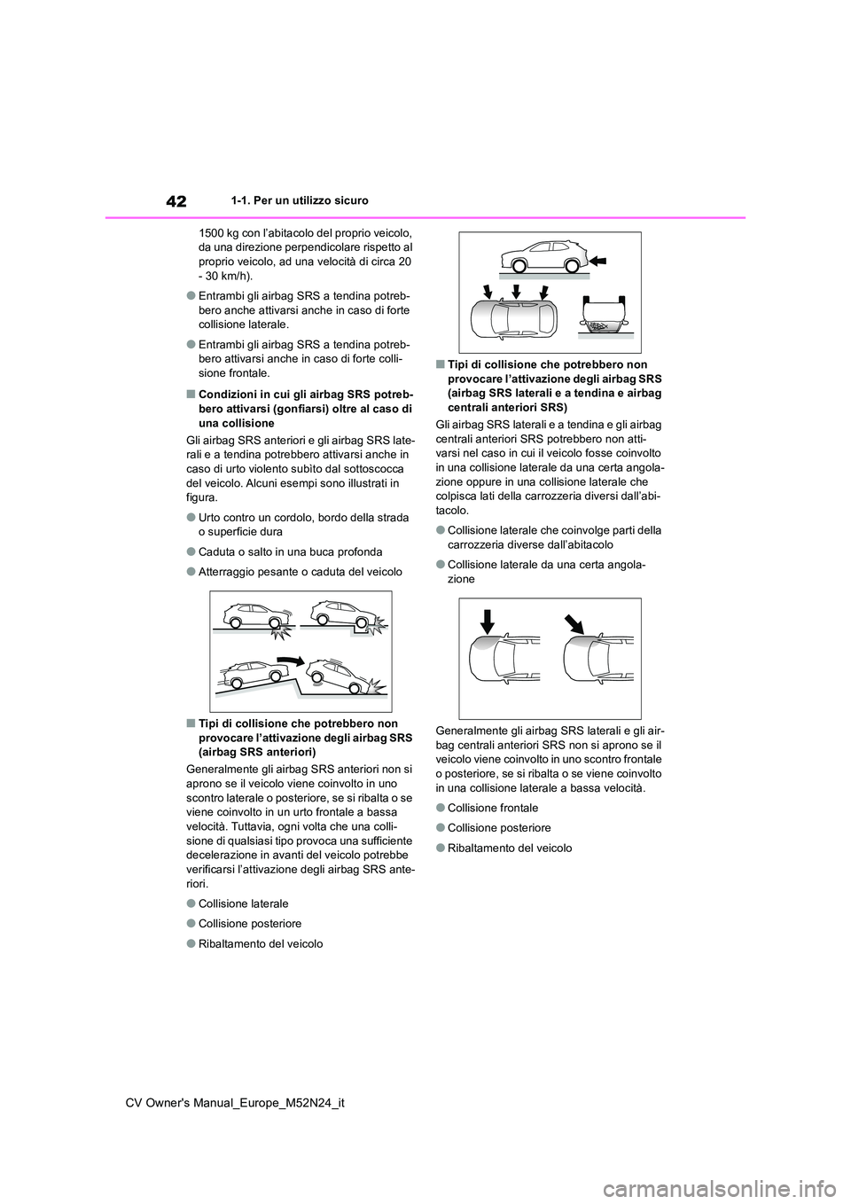 TOYOTA YARIS CROSS 2022 Manuale duso (in Italian) 42
CV Owner's Manual_Europe_M52N24_it
1-1. Per un utilizzo sicuro
1500 kg con l’abitacolo del proprio veicolo, da una direzione perpendicolare rispetto al proprio veicolo, ad una velocità di TOYOTA YARIS CROSS 2022 Manuale duso (in Italian) 42
CV Owner's Manual_Europe_M52N24_it
1-1. Per un utilizzo sicuro
1500 kg con l’abitacolo del proprio veicolo, da una direzione perpendicolare rispetto al proprio veicolo, ad una velocità di