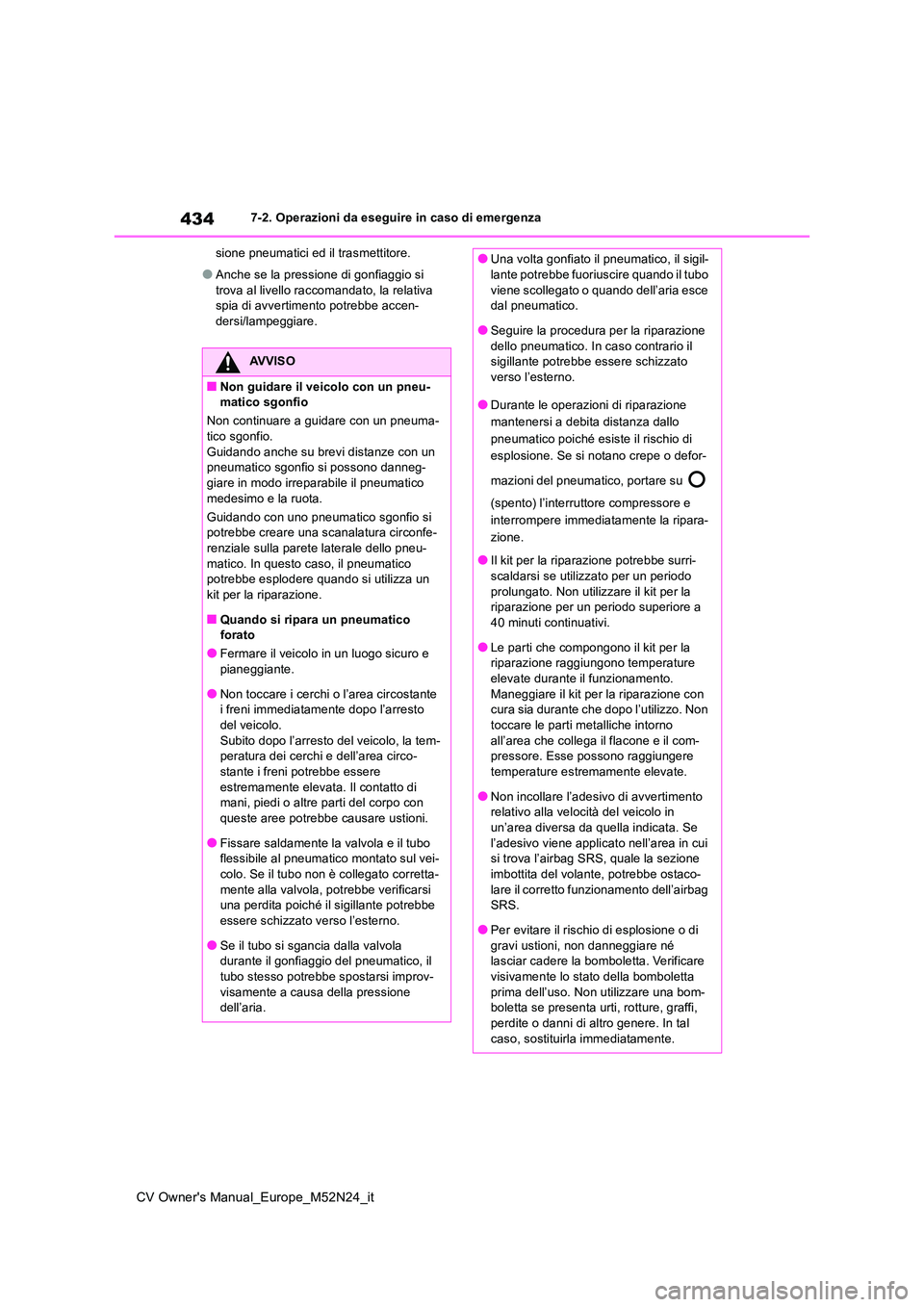 TOYOTA YARIS CROSS 2022 Manuale duso (in Italian) 434
CV Owner's Manual_Europe_M52N24_it
7-2. Operazioni da eseguire in caso di emergenza
sione pneumatici ed il trasmettitore.
●Anche se la pressione di gonfiaggio si
trova al livello raccoman TOYOTA YARIS CROSS 2022 Manuale duso (in Italian) 434
CV Owner's Manual_Europe_M52N24_it
7-2. Operazioni da eseguire in caso di emergenza
sione pneumatici ed il trasmettitore.
●Anche se la pressione di gonfiaggio si
trova al livello raccoman