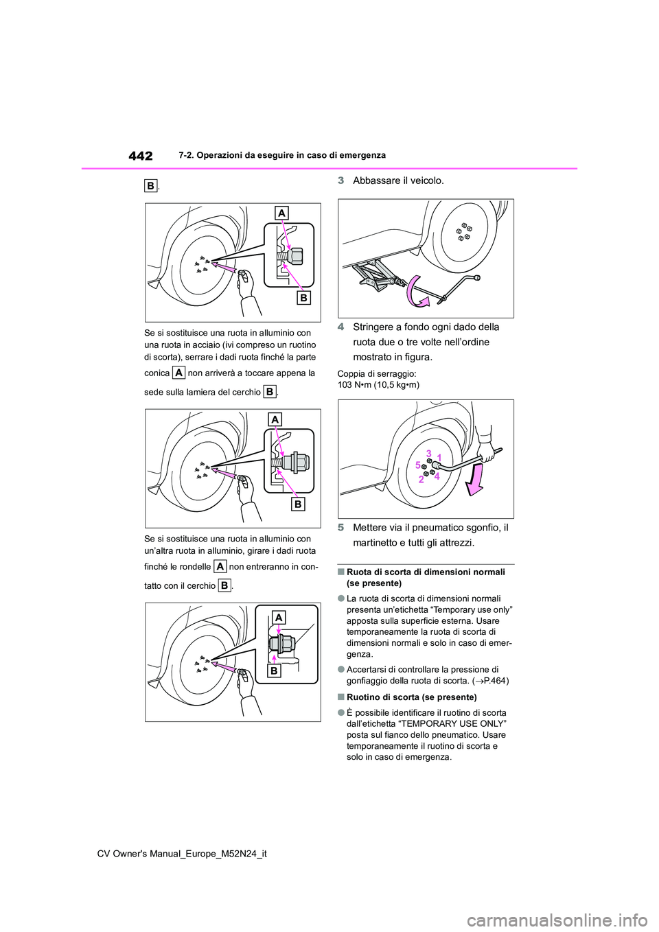 TOYOTA YARIS CROSS 2022 Manuale duso (in Italian) 442
CV Owner's Manual_Europe_M52N24_it
7-2. Operazioni da eseguire in caso di emergenza
.
Se si sostituisce una ruota in alluminio con
una ruota in acciaio (ivi compreso un ruotino
di scorta TOYOTA YARIS CROSS 2022 Manuale duso (in Italian) 442
CV Owner's Manual_Europe_M52N24_it
7-2. Operazioni da eseguire in caso di emergenza
.
Se si sostituisce una ruota in alluminio con
una ruota in acciaio (ivi compreso un ruotino
di scorta
