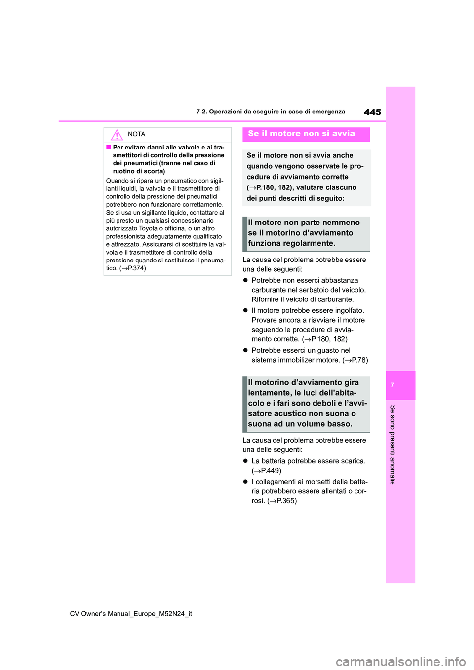 TOYOTA YARIS CROSS 2022 Manuale duso (in Italian) 445
7
CV Owner's Manual_Europe_M52N24_it
7-2. Operazioni da eseguire in caso di emergenza
Se sono presenti anomalie
La causa del problema potrebbe essere
una delle seguenti:
Potrebbe non es TOYOTA YARIS CROSS 2022 Manuale duso (in Italian) 445
7
CV Owner's Manual_Europe_M52N24_it
7-2. Operazioni da eseguire in caso di emergenza
Se sono presenti anomalie
La causa del problema potrebbe essere
una delle seguenti:
Potrebbe non es