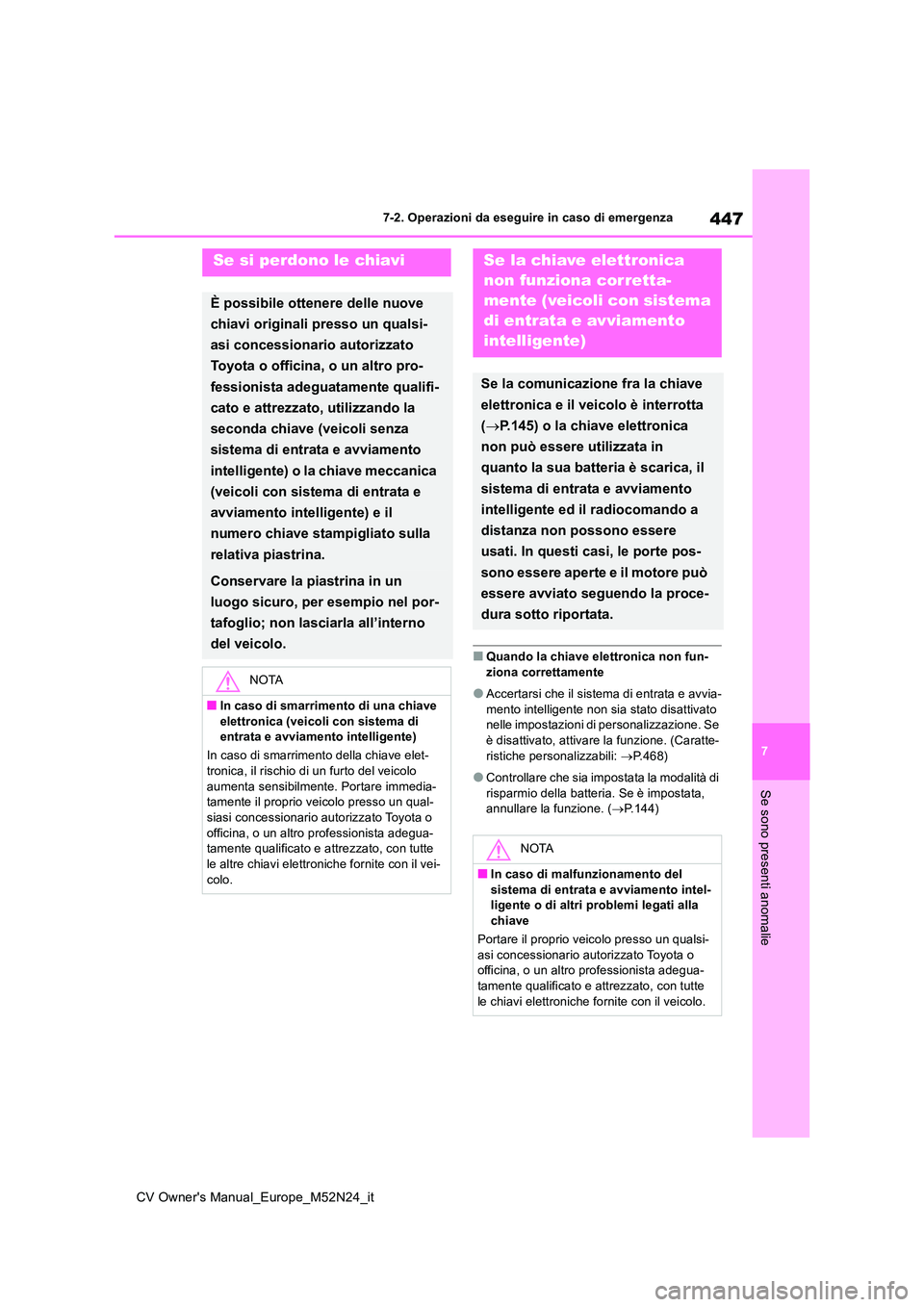 TOYOTA YARIS CROSS 2022 Manuale duso (in Italian) 447
7
CV Owner's Manual_Europe_M52N24_it
7-2. Operazioni da eseguire in caso di emergenza
Se sono presenti anomalie
■Quando la chiave elettronica non fun-
ziona correttamente
●Accertarsi che TOYOTA YARIS CROSS 2022 Manuale duso (in Italian) 447
7
CV Owner's Manual_Europe_M52N24_it
7-2. Operazioni da eseguire in caso di emergenza
Se sono presenti anomalie
■Quando la chiave elettronica non fun-
ziona correttamente
●Accertarsi che