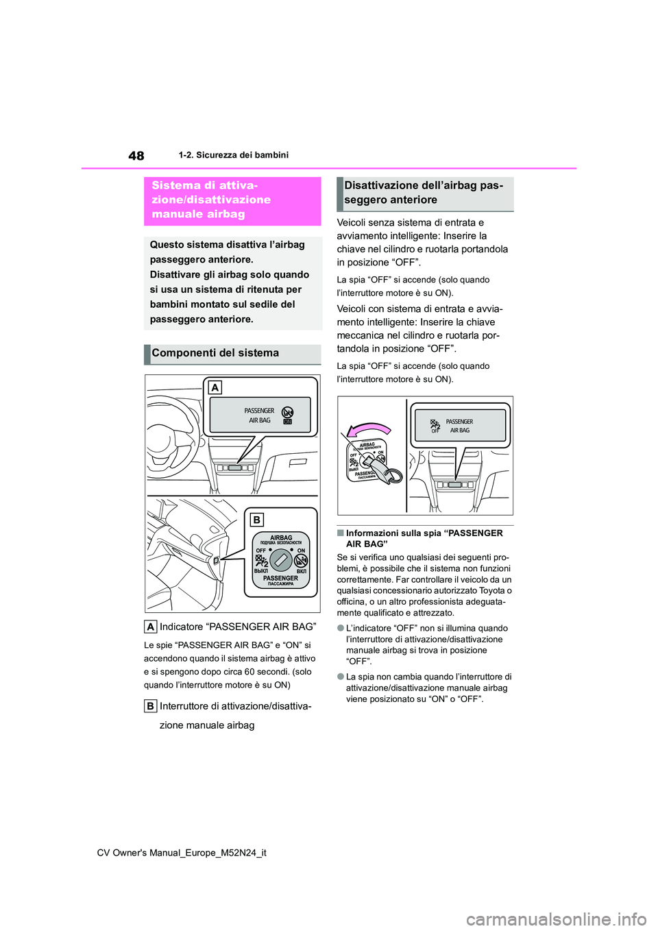 TOYOTA YARIS CROSS 2022 Manuale duso (in Italian) 48
CV Owner's Manual_Europe_M52N24_it
1-2. Sicurezza dei bambini
1-2.Sicure zza de i bambini
Indicatore “PASSENGER AIR BAG”
Le spie “PASSENGER AIR BAG” e “ON” si
accendono quando il TOYOTA YARIS CROSS 2022 Manuale duso (in Italian) 48
CV Owner's Manual_Europe_M52N24_it
1-2. Sicurezza dei bambini
1-2.Sicure zza de i bambini
Indicatore “PASSENGER AIR BAG”
Le spie “PASSENGER AIR BAG” e “ON” si
accendono quando il